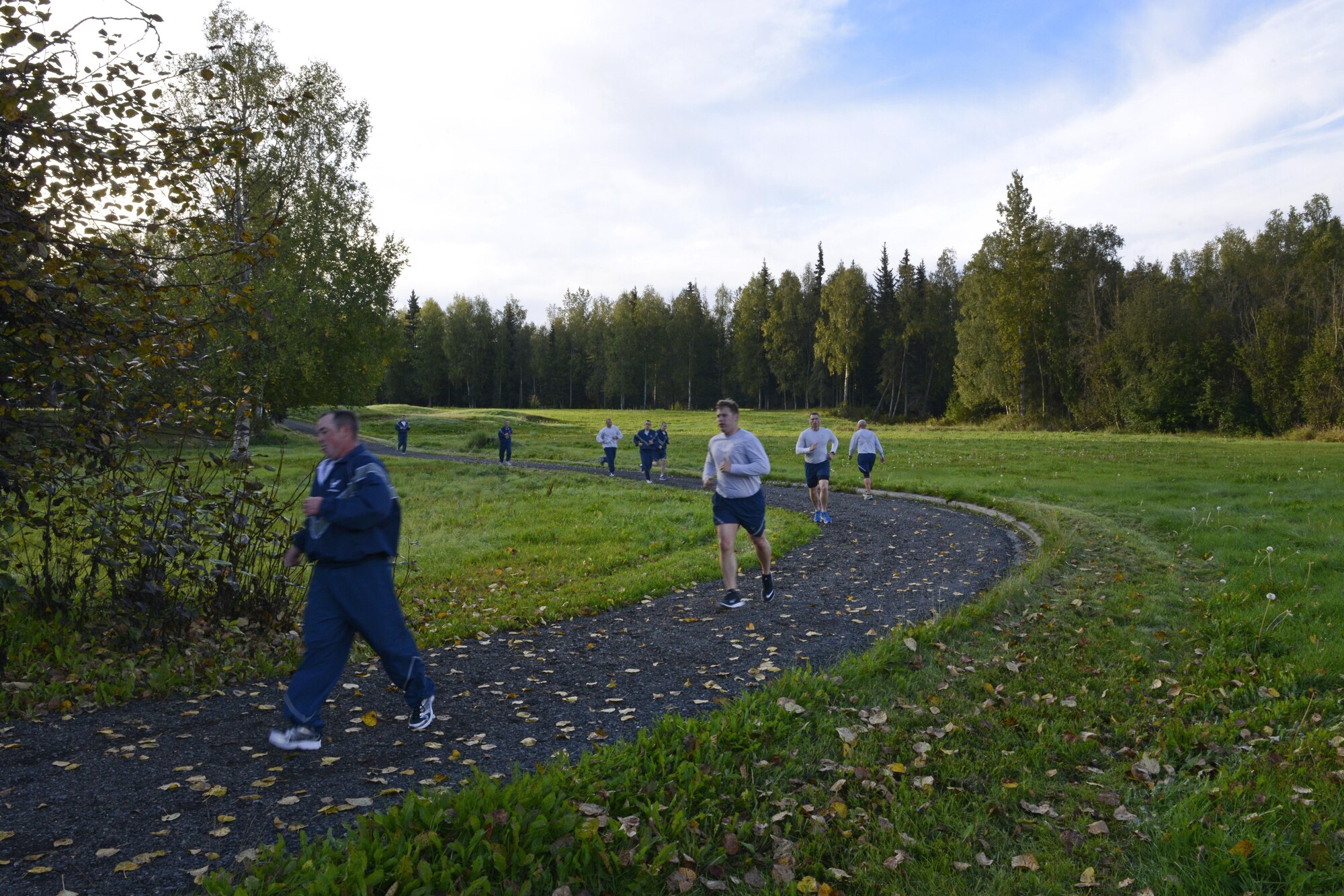 Airmen participate in the Run to be Ready 5K at the Eagleglen Fitness Park at Joint Base Elmendorf-Richardson, Alaska, Sept. 9, 2016. The event was hosted to raise awareness for National Preparedness Month and emergency kits were given as prizes to the top male and female finishers. 