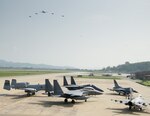 Two formations consisting of U.S. Air Force B-1B Lancers, F-16 Fighting Falcons and Republic of Korea (ROK) air force F-15K Strike Eagles perform a flyover over Osan Air Base, ROK, Sept. 13, 2016. The aircraft formations showcased the ironclad commitment the U.S. maintains to the defense of the ROK and the resolve of both nations to maintain stability and security on the Korean Peninsula. The B-1s are currently assigned to Andersen Air Base, Guam.