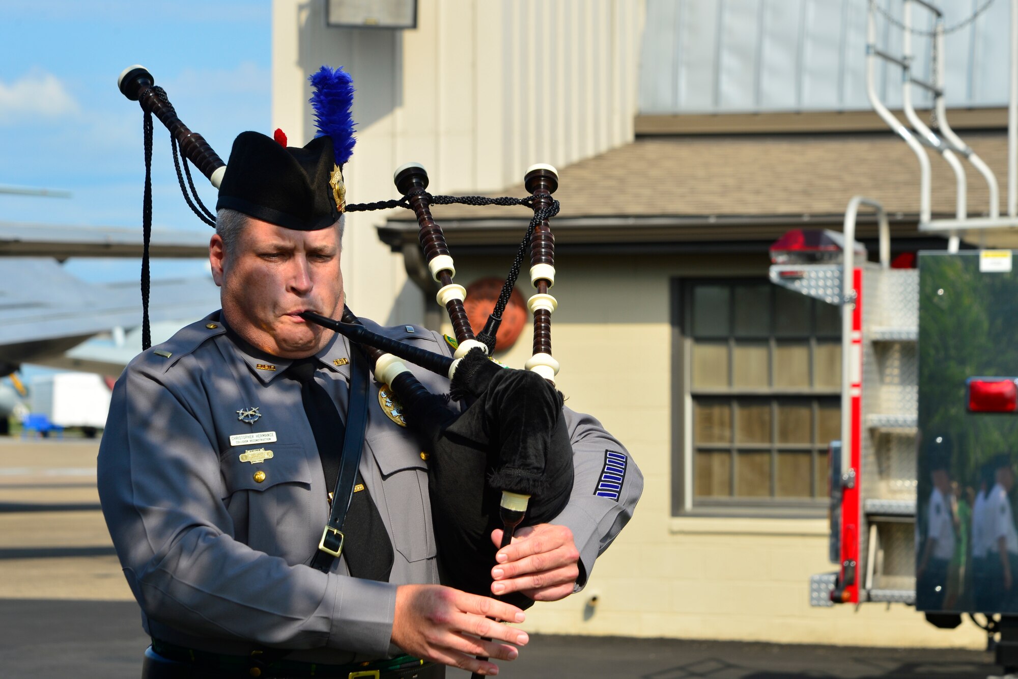 Chris Hemarance, Dover Policeand Fire Pipes & Drums pipes major, plays Amazing Grace during the 15th Anniversary 9/11 Memorial Service Sept. 11, 2016, at the Air Mobility Command Museum on Dover Air Force Base, Del. Members of The Dover Police and Fire Pipes & Drums are all volunteers and participate in various community, civic and military functions to honor retired and active police officers, firefighters and those who have lost their lives in the line of duty. (U.S. Air Force photo by Senior Airman William Johnson)