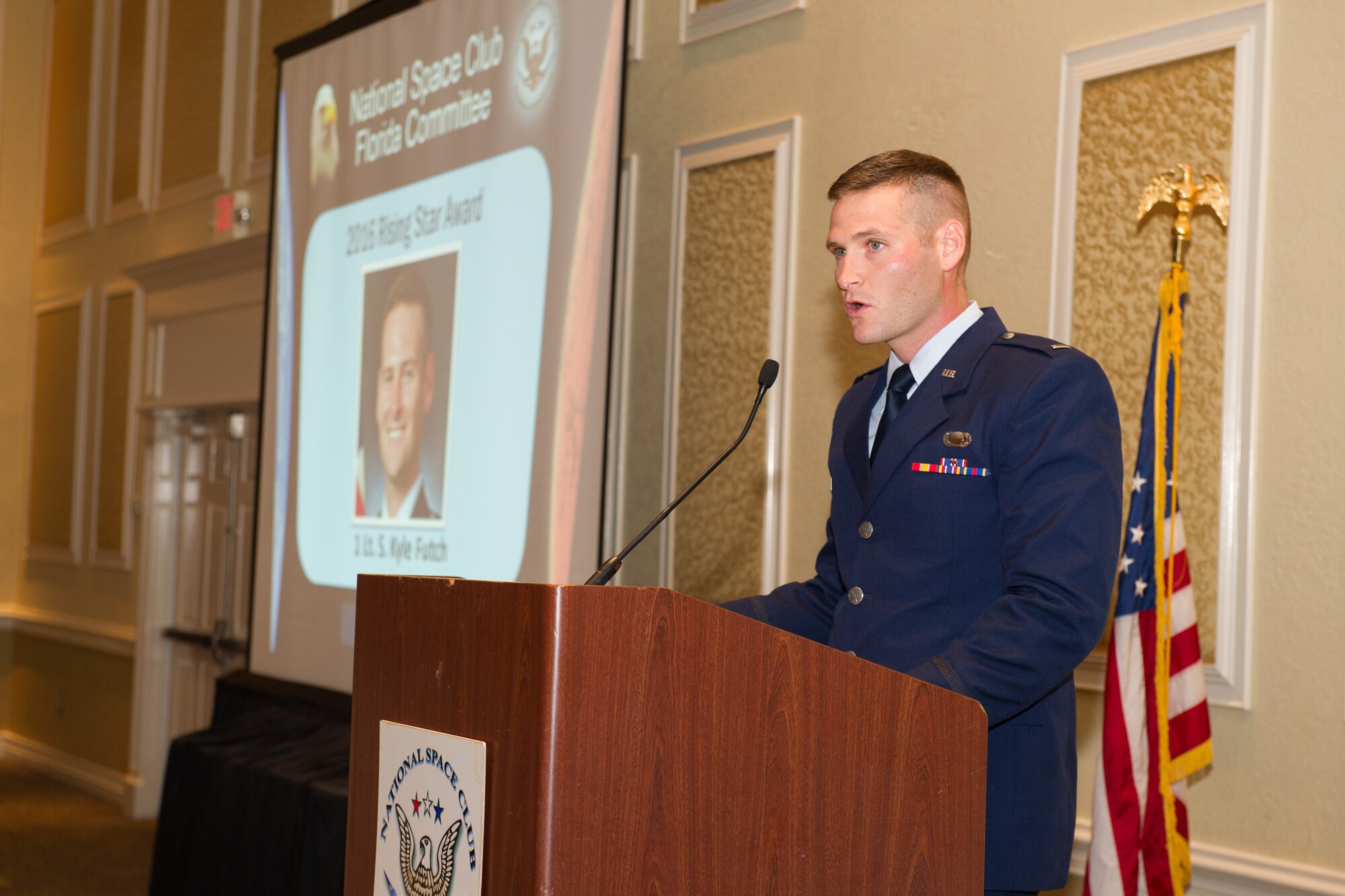 First Lt. Steven Kyle Futch, 5th Space Launch Squadron Critical Ground and First Stage Propulsion Air Force Responsible Engineer for the Delta IV Launch program, imparts a speech during the National Space Club Florida Committee Rising Star Award Ceremony luncheon Sept. 13, 2016, at Cape Canaveral, Fla. Each year, the national space club Florida committee recognizes one individual who has made above & beyond contributions to the U.S. Space program in Florida through technical, educational, or leadership activities while still early in their career. 