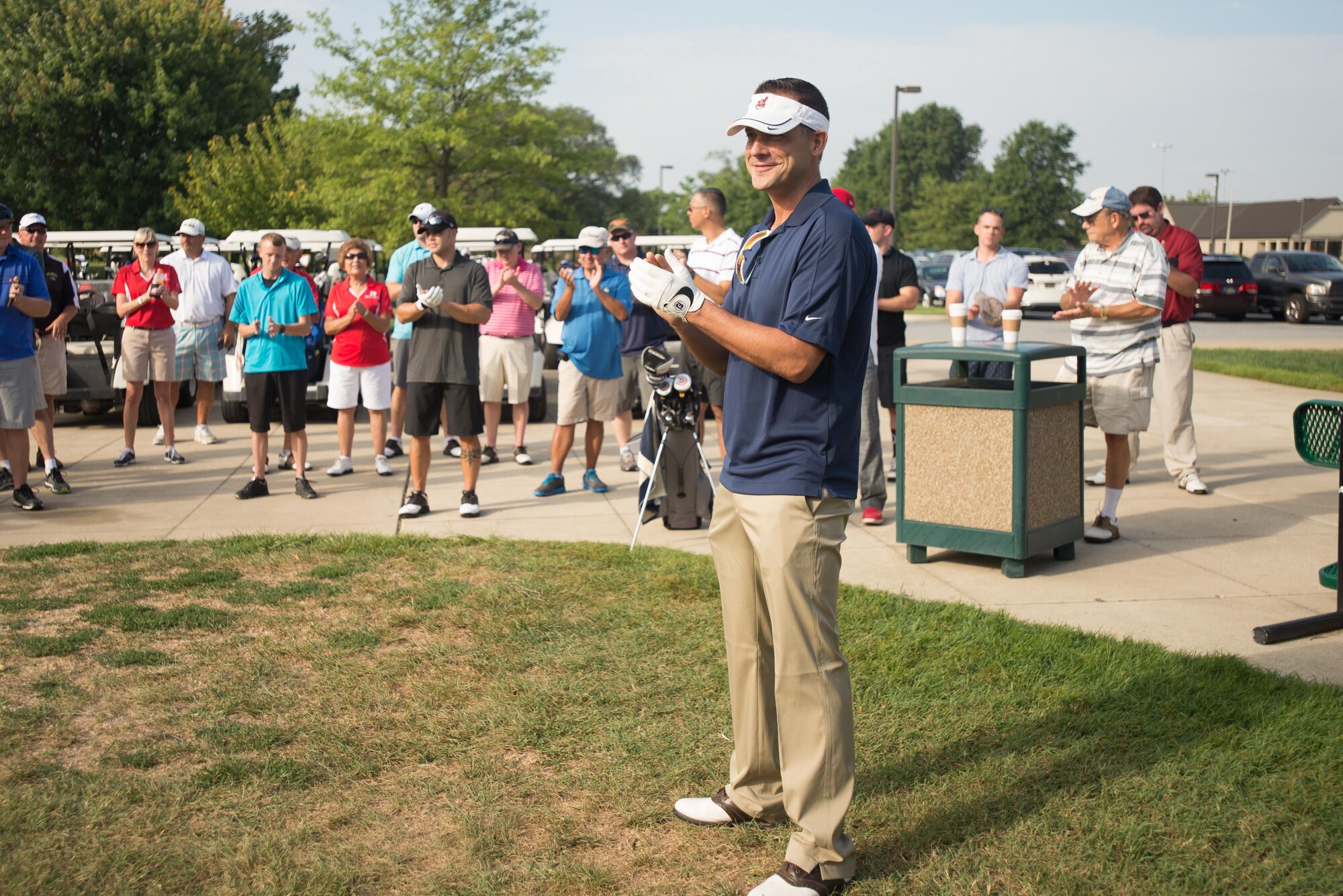 Col. Ethan Griffin, 436th Airlift Wing commander, gives opening remarks at the 2016 fall Bluesuiters Golf Tournament Sept. 9, 2016, at the Eagle Creek Golf Course on Dover Air Force Base, Del. 72 Team Dover Airmen and civilians participated in the biannual tournament. (U.S. Air Force photo by Mauricio Campino)