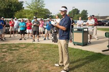 Col. Ethan Griffin, 436th Airlift Wing commander, gives opening remarks at the 2016 fall Bluesuiters Golf Tournament Sept. 9, 2016, at the Eagle Creek Golf Course on Dover Air Force Base, Del. 72 Team Dover Airmen and civilians participated in the biannual tournament. (U.S. Air Force photo by Mauricio Campino)