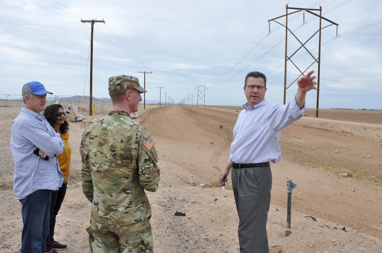 Kim Gavigan (right), chief of the water resources planning section, briefs Col. Kirk Gibbs, commander of the U.S. Army Corps of Engineers Los Angeles District, on the flood risk management study for the Lower Santa Cruz River Sept. 7. Much of the flood plain is located between two major municipalities, Phoenix and Tucson, and is in Pinal County which, according to the study, was the second fastest growing county in the United States during the past decade.