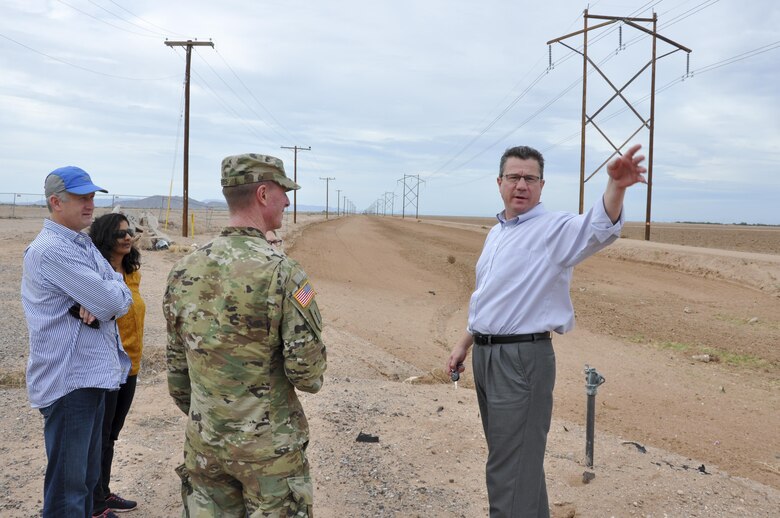 Kim Gavigan (right), chief of the water resources planning section, briefs Col. Kirk Gibbs, commander of the U.S. Army Corps of Engineers Los Angeles District, on the flood risk management study for the Lower Santa Cruz River Sept. 7. Much of the flood plain is located between two major municipalities, Phoenix and Tucson, and is in Pinal County which, according to the study, was the second fastest growing county in the United States during the past decade.