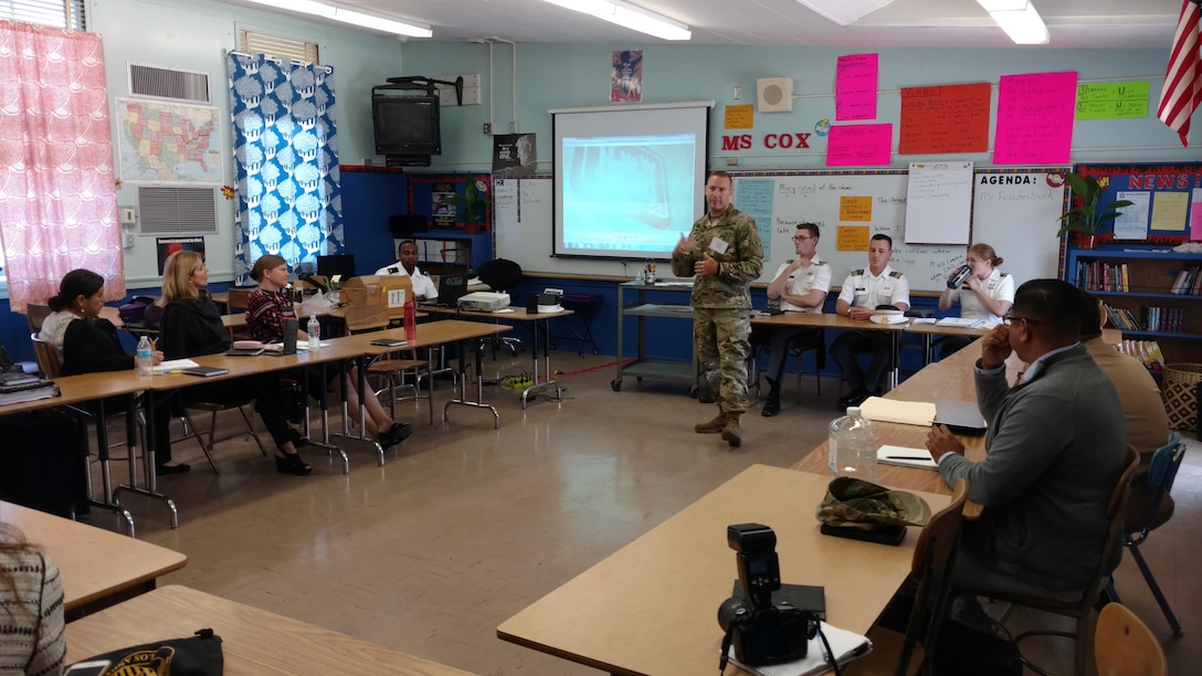 Major Autin, deputy commander of the USACE LA District met with local educators to discuss the district's mission and the variety of STEM opportunities available in the Corps