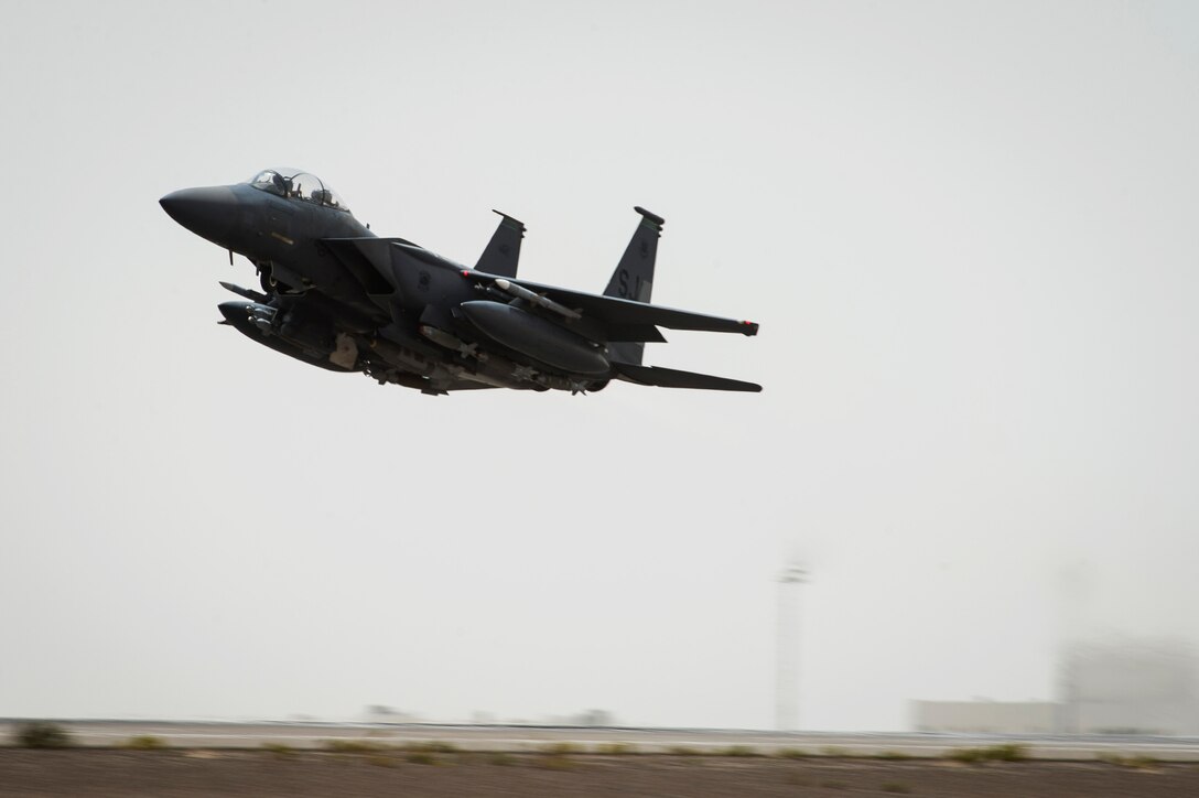 A U.S. Air Force F-15 Strike Eagle takes off for a sortie in Southwest Asia, July 18, 2016. Speaking with Pentagon reporters Sept. 13, 2016, Air Force Lt. Gen. Jeffrey Harrigan, air component commander for the campaign to counter the Islamic State of Iraq and the Levant, said his focus remains on creating an insurmountably tough and complex set of problems for ISIL across Iraq and Syria. Air Force photo by Staff Sgt. Larry E. Reid Jr.