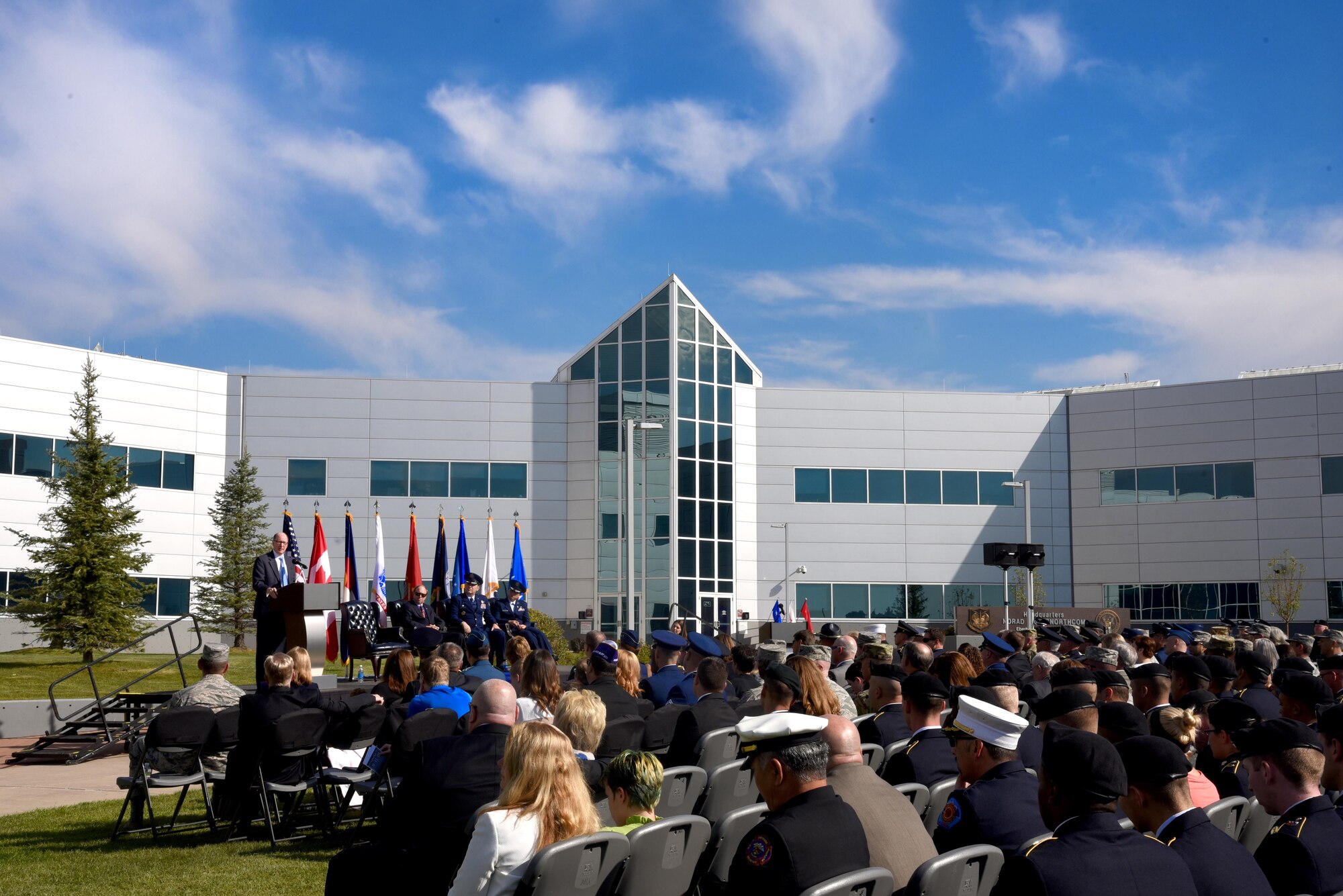 PETERSON AIR FORCE BASE, Colo. - Service members from the local area attend and listen to guest speakers during the 9/11 Remembrance Ceremony on Peterson Air Force Base, Colo., Sept. 11, 2016. The ceremony honored the lives lost in the terrorist attacks of 9/11. (U.S. Air Force photo by Airman 1st Class Dennis Hoffman)