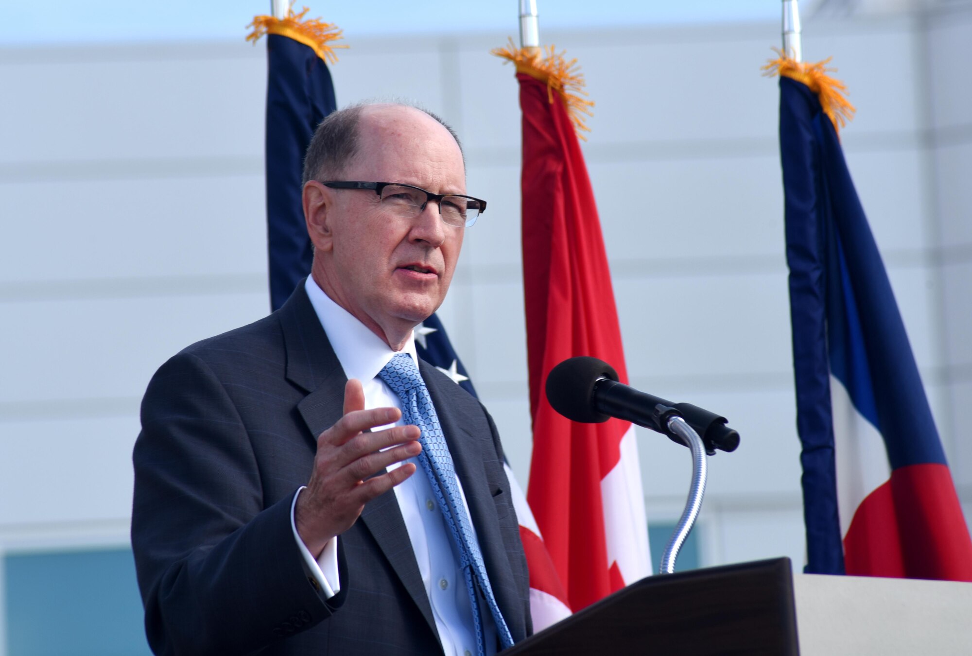 PETERSON AIR FORCE BASE, Colo. – Retired Gen. C. Robert Kehler, former United States Strategic Command commander and former 21st Space Wing commander, recounts memories of the 9/11 attacks to service members and civilians who gathered to attend the 9/11 Remembrance Ceremony at Peterson Air Force Base, Colo., Sept. 11, 2016. Kehler was Team Pete’s wing commander at the time of the 9/11 attacks. (U.S. Air Force photo by Airman 1st Class Dennis Hoffman)