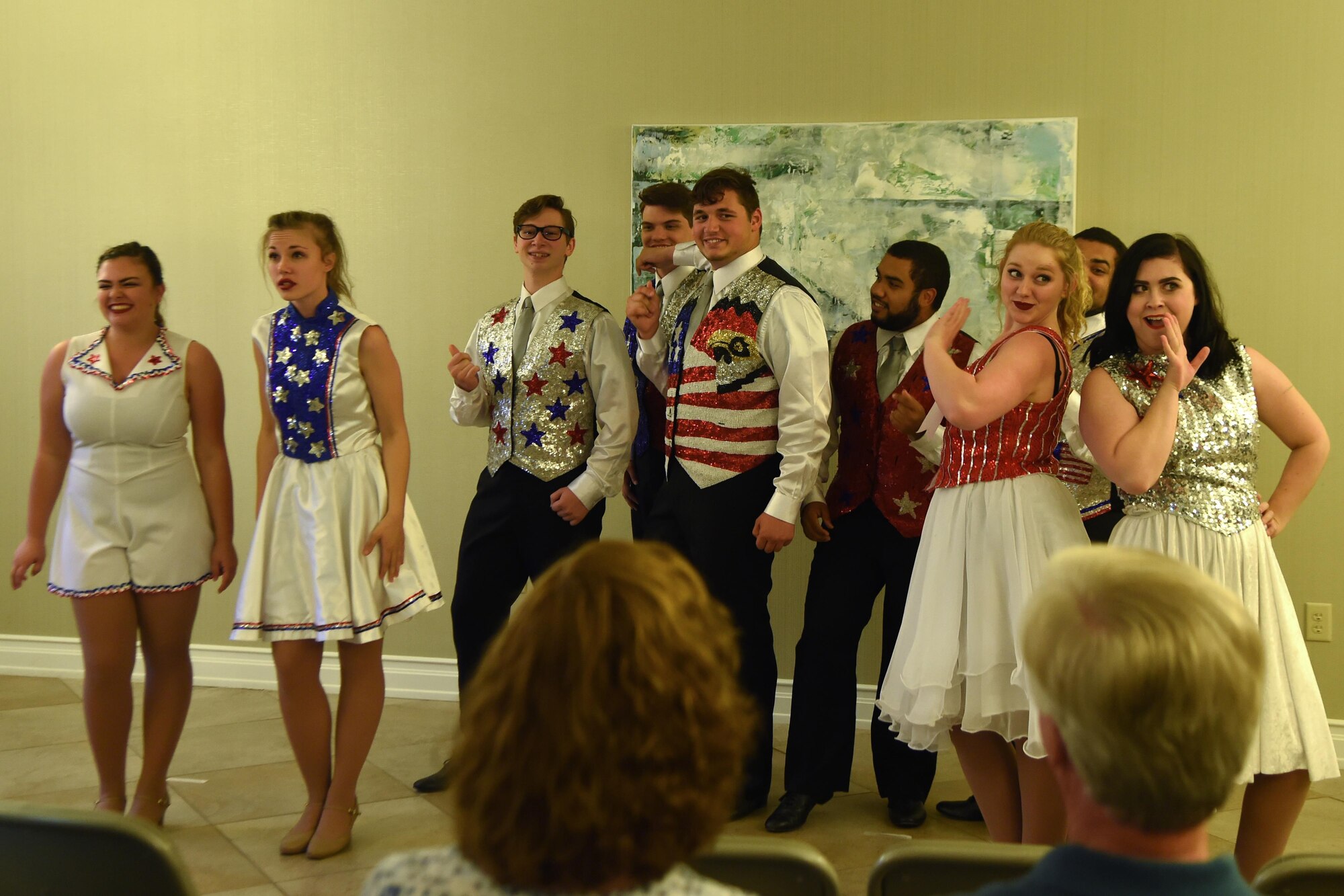 Re-Creation USA cast members perform at the Alaska Fisher House, at Joint Base Elmendorf-Richardson, Alaska, Sept. 9, 2016. Their motto is, “Every veteran, every day,” but the performance Sept. 9, at which they entertained more than 27 families, marked their first at a Fisher House. 