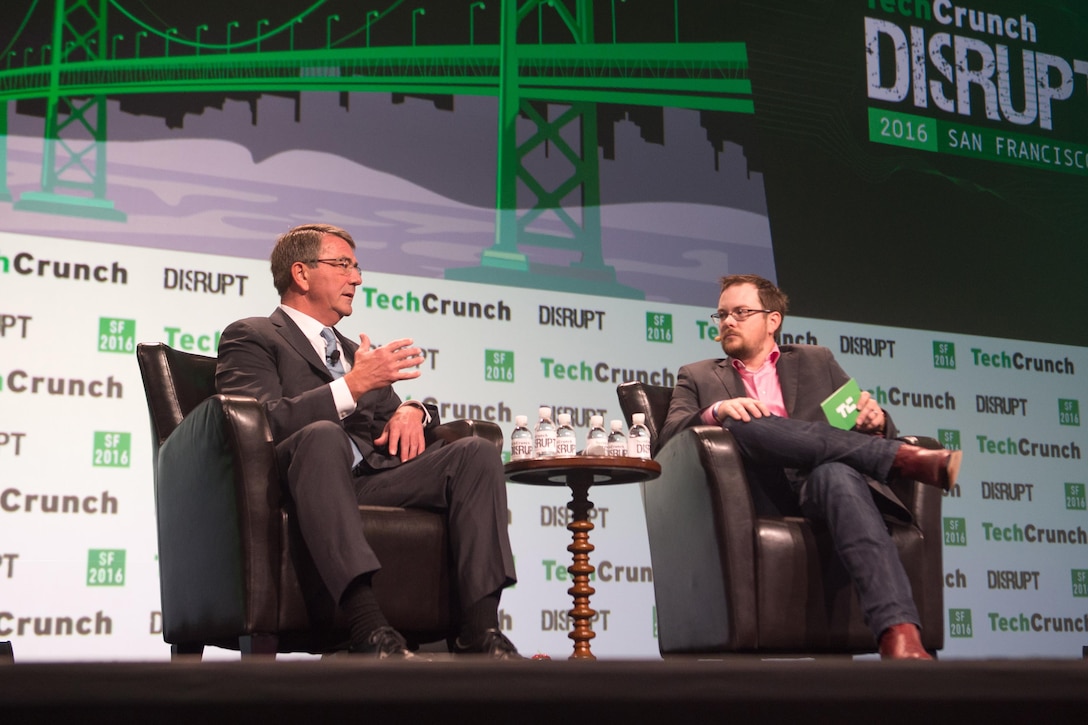 Defense Secretary Ash Carter speaks to TechCrunch Senior Editor Matt Burns during the TechCrunch Disrupt innovation and technology conference in San Francisco, Sept. 13, 2016. DoD photo by Army Sgt. Amber I. Smith
