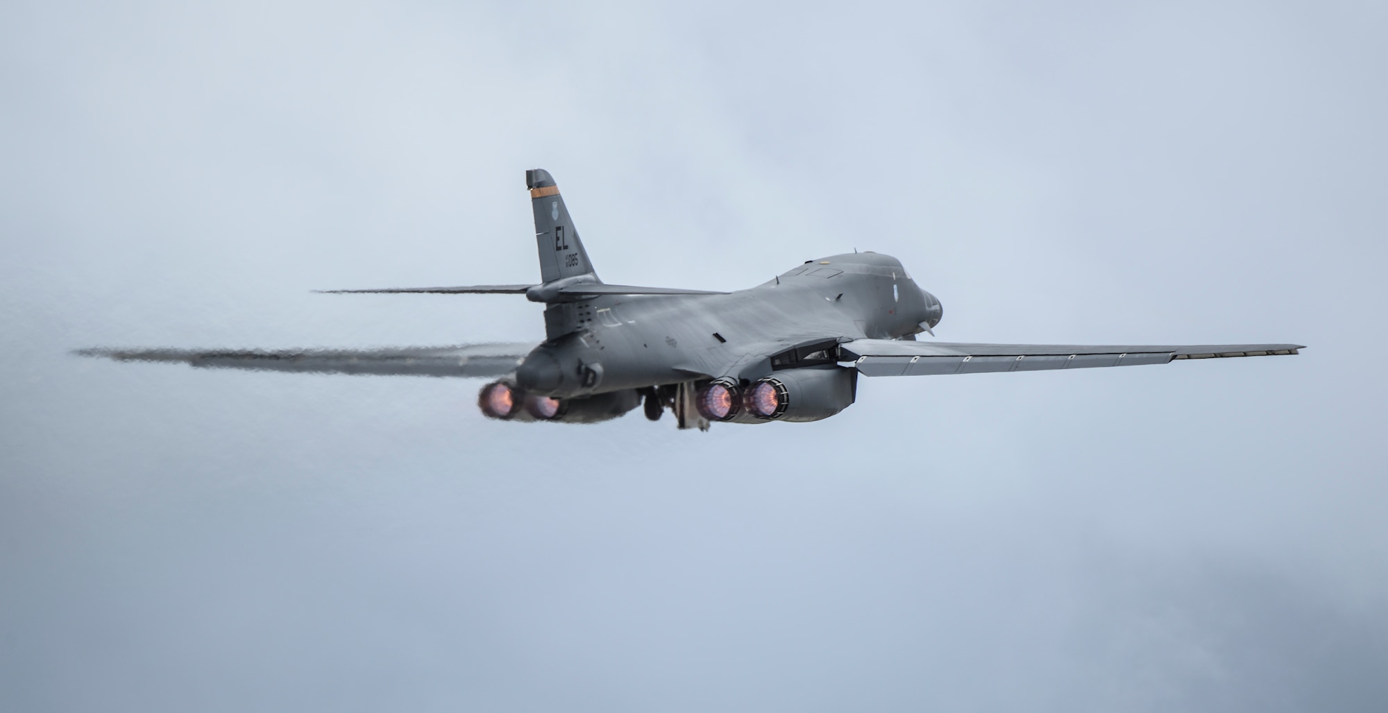 A U.S. Air Force B-1B Lancer assigned to the 34th Expeditionary Bomb Squadron, deployed from Ellsworth Air Force Base, S.D., takes off during Exercise Valiant Shield at Andersen AFB, Guam, Sept. 14, 2016. Valiant Shield is a biennial U.S. Air Force, Navy and Marine Corps exercise held in Guam, focusing on real-world proficiency in sustaining joint forces at sea, in the air, on land and in cyberspace. (U.S. Air Force photo by Tech. Sgt. Richard P. Ebensberger)