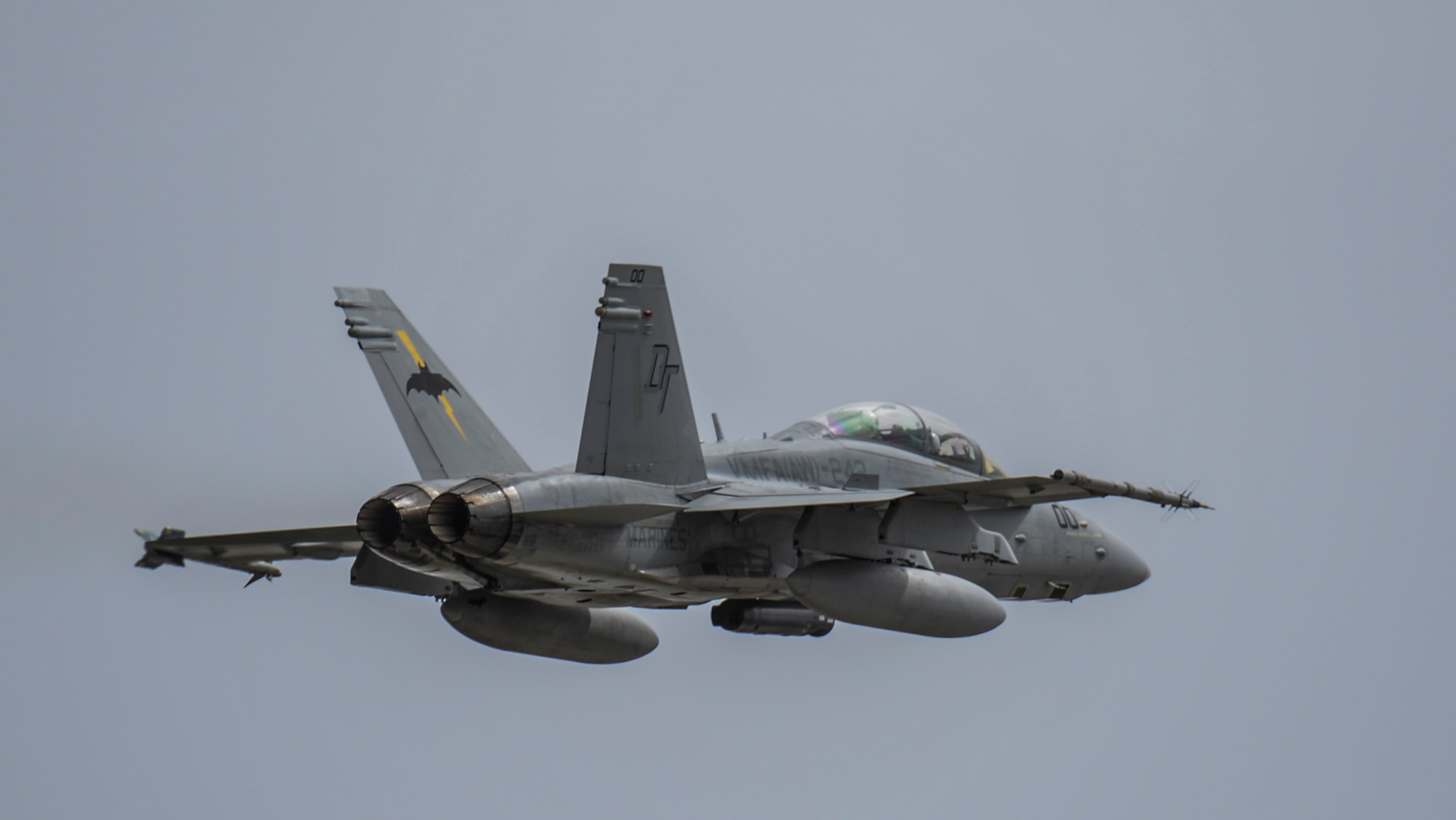 A U.S. Marine F-18 Hornet assigned to Marine All-Weather Fighter Attack Squadron 242, from Marine Corps Air Station Iwakuni, Japan, takes off during Exercise Valiant Shield at Andersen Andersen Air Force Base, Guam, Sept. 14, 2016. Valiant Shield is a biennial U.S. Air Force, Navy and Marine Corps exercise held in Guam, focusing on real-world proficiency in sustaining joint forces at sea, in the air, on land and in cyberspace. (U.S. Air Force photo by Tech. Sgt. Richard P. Ebensberger)