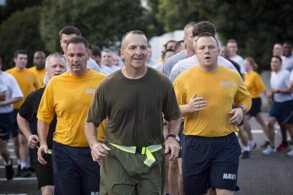 Maj. Gen. Charles Chiarotti, US Forces, Japan commander, leads the USFJ Command 5K Run at Yokota Air Base, Japan, Sept. 9, 2016. After the run, Chiarotti uncased the new USFJ command colors. (U.S. Air Force photo by Yasuo Osakabe/Released)