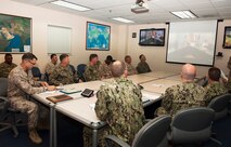(Sept. 7, 2016) Members of U.S. Naval Forces Central Command (NAVCENT) standby via teleconference during a site-to-site ceremony of the 2015 Admiral Stanley R. Arthur Awards aboard Naval Support Activity Bahrain. The Admiral Stanley R. Arthur Award for Logistics Excellence was established in 1997 as an annual award to recognize both individuals and teams that exemplify logistics professionalism and excellence. 