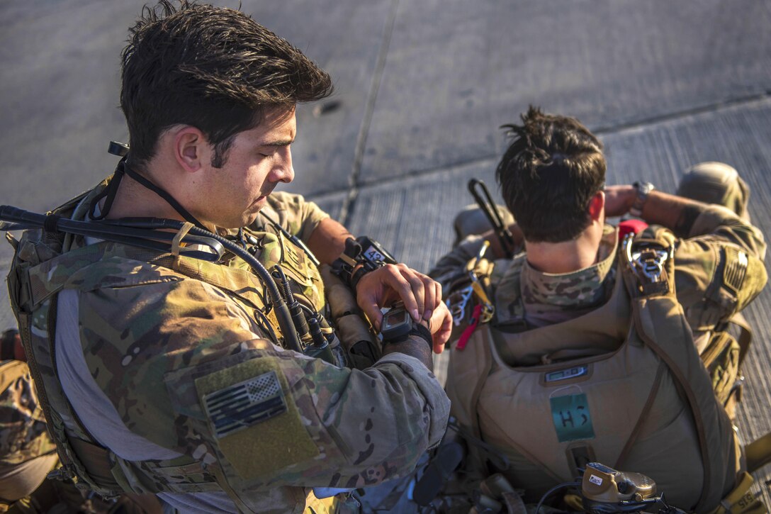 Air Force 1st Lt. Nicholas Adagio checks his equipment before participating in an aerial insertion and recovery exercise at Bagram Airfield, Afghanistan, Sept. 3, 2016. Adagio is a combat rescue officer assigned to the 83rd Expeditionary Rescue Squadron. Air Force photo by Senior Airman Justyn M. Freeman