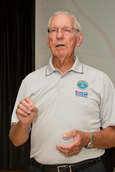 Retired Maj. Gen. Don C. Morrow, former adjutant general of the Arkansas National Guard, speaks with Airmen assigned to the 913th Airlift Group about the benefits of the Employer Support of the Guard and Reserve (ESGR) program at Little Rock Air Force Base, Ark., Sept. 10, 2016. Established in 1972, ESGR is the lead Defense Department office promoting cooperation and understanding between civilian employers and their National Guard and Reserve employees. (U.S. Air Force photo by Master Sgt. Jeff Walston/Released)