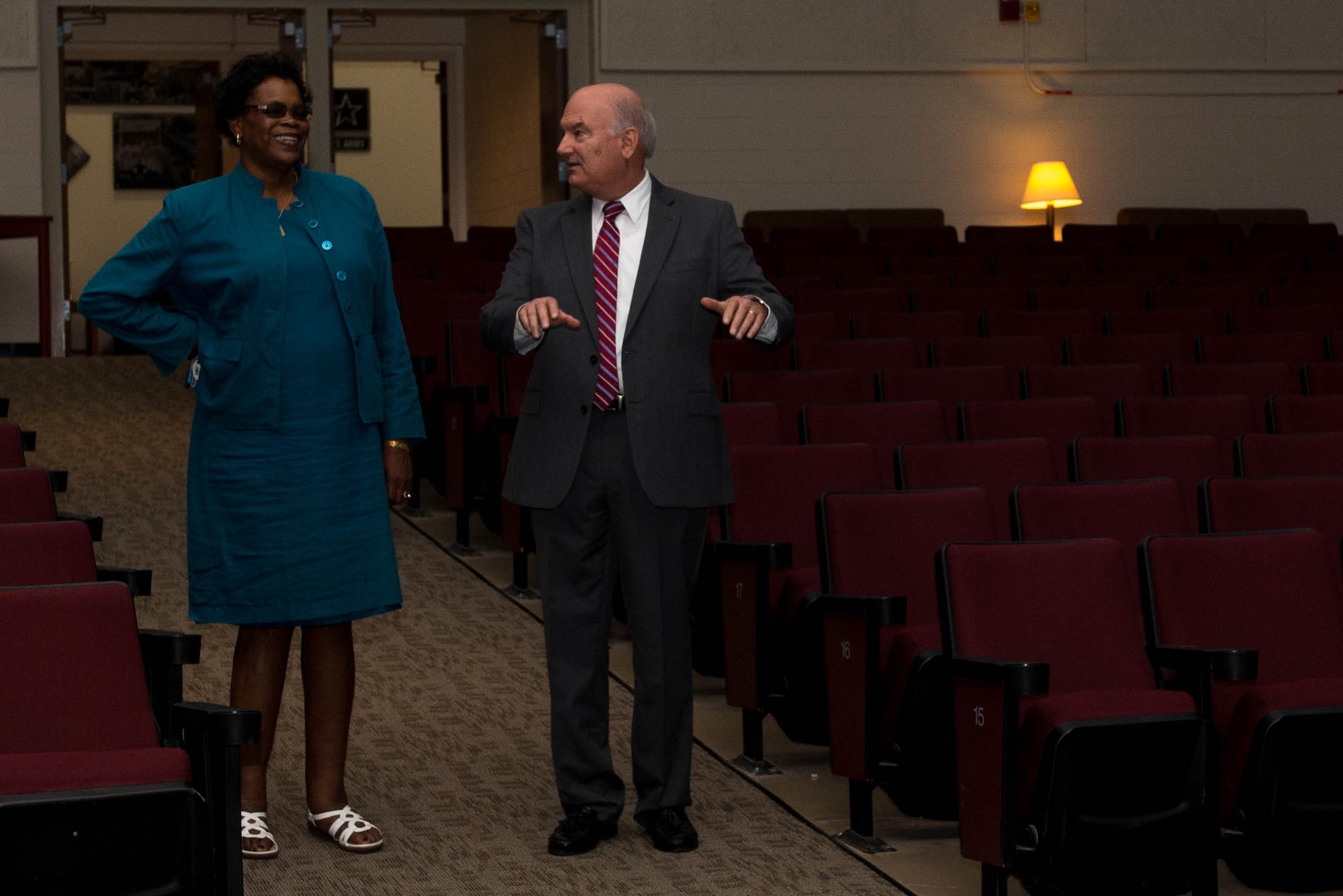 Mike Maxey, Army Support Activity visual information manager, explains recent renovations made to the Jacobs Conference Center to a visitor at Fort Eustis, Va., Sept. 7, 2016. The center received a $1 million structural renovation and $2 million equipment upgrade. (U.S. Air Force photo by Airman 1st Class Derek Seifert)
