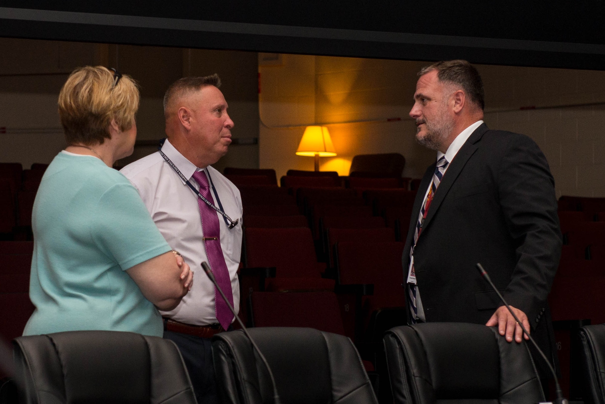 Don Reeves, Army Support Activity lead contractor, discusses renovations made to Jacobs Conference Center at Fort Eustis, Va., Sept. 7, 2016. The center will be used as the U.S. Army Training and Doctrine Command’s general officer main space for meetings. (U.S. Air Force photo by Airman 1st Class Derek Seifert) 