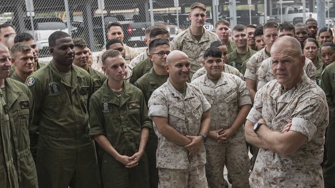 Commandant of the Marine Corps Gen. Robert B. Neller speaks to Marines with Marine Fighter Attack Squadron 121 at Marine Corps Air Station Yuma, Ariz., Sept. 13, 2016. Neller visited Yuma to meet with Marines and tour facilities.