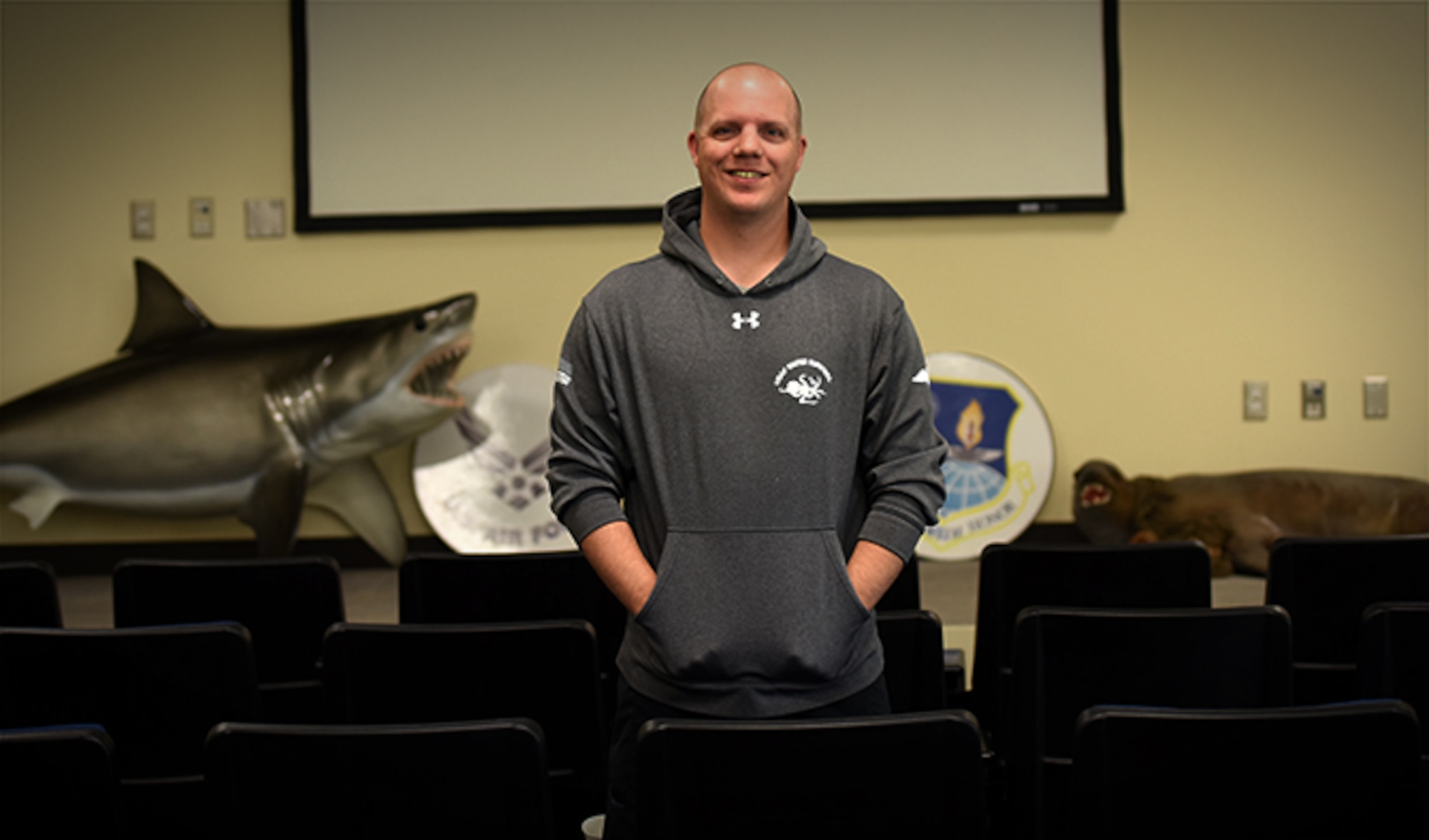 Tech. Sgt. Benjamin Rosciglione, 22nd Training Squadron flight chief water survival training, poses for a photo Sept. 13, 2016, at Fairchild Air Force Base, Wash. Five days a week Rosciglione manages three separate Survival, Evasion, Resistance and Escape Water Survival Courses at the indoor pool. His leadership selected him as one of Fairchild’s Finest, a weekly recognition program that highlights top-performing Airmen. (U.S. Air Force photo/Airman 1st Class Sean Campbell)