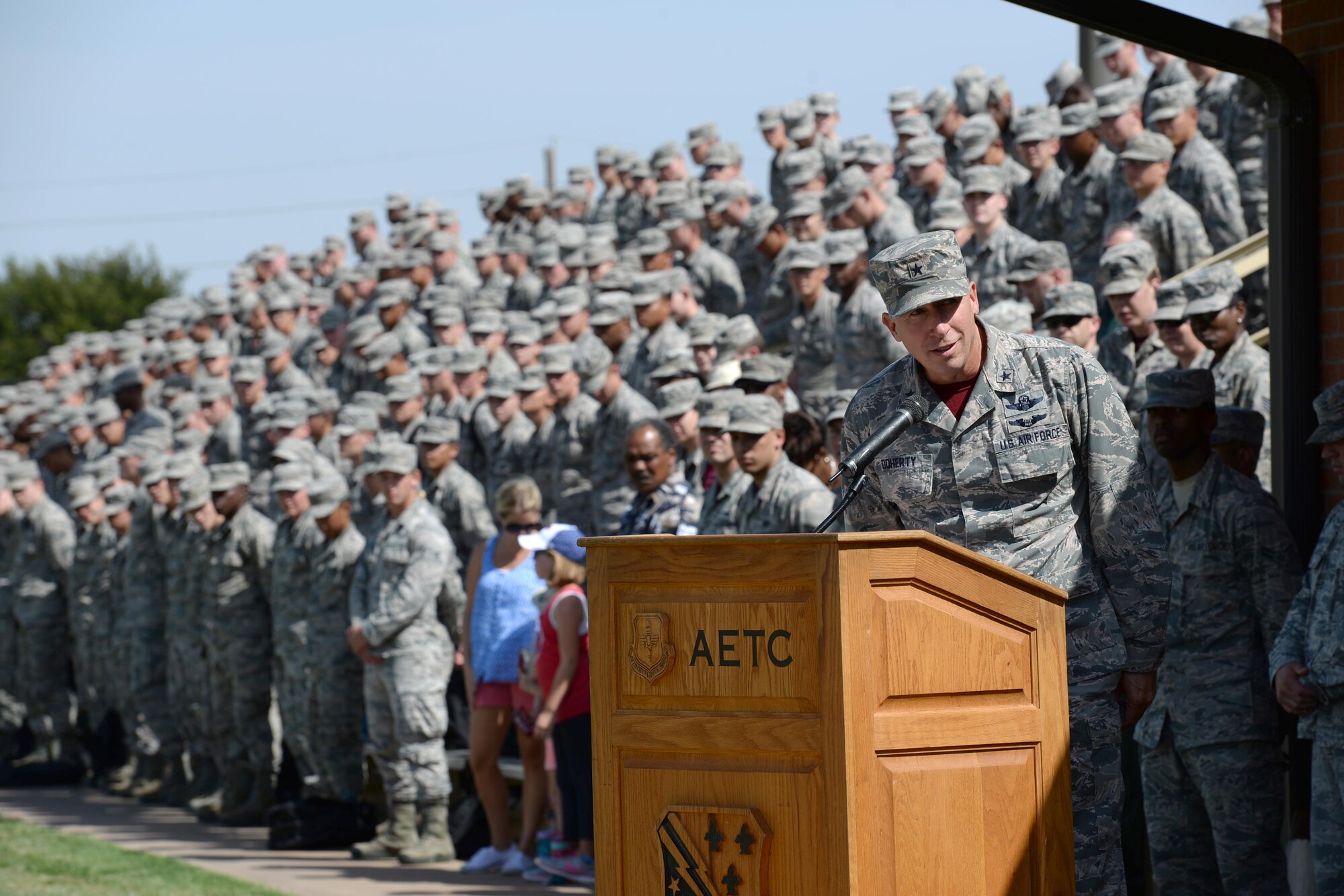 Brig. Gen. Patrick Doherty, 82nd Training Wing commander, gives a speech in remembrance of POW and MIA military members throughout military at Sheppard Air Force Base, Texas, Sept. 9, 2016. More than 83,000 Americans remain missing from WWII, the Korean War, the Cold War, the Gulf Wars and other conflicts. Of those missing, 41,000 of the missing are presumed lost at sea. (U.S. Air Force photo by Senior Airman Kyle E. Gese)