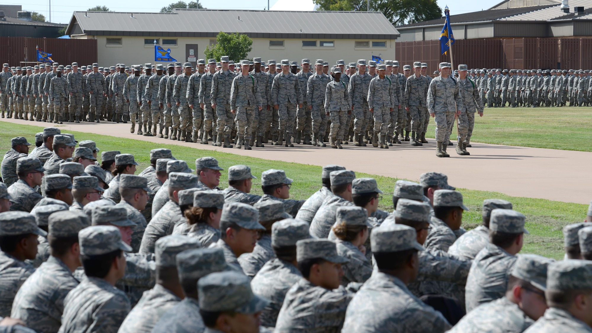 Airmen at Sheppard Air Force Base, Texas, march down the bomb run for a pass and review by Brig. Gen. Patrick Doherty, 82nd Training Wing commander, Sept. 9, 2016. More than 83,000 Americans remain missing from WWII, the Korean War, the Cold War, the Gulf Wars and other conflicts. Of those missing, 41,000 of the missing are presumed lost at sea. (U.S. Air Force photo by Senior Airman Kyle E. Gese)