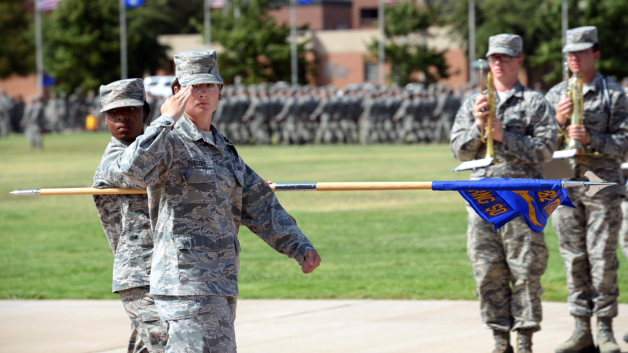 Staff Sgt. Samantha Rudloff, 366th Training Squadron military training leader, marches her squadron down the bomb run for a pass and review by Brig. Gen. Patrick Doherty, 82nd Training Wing commander, Sept. 9, 2016. Nearly 75 percent of missing Americans are located in the Asia-Pacific area. (U.S. Air Force photo by Senior Airman Kyle E. Gese)