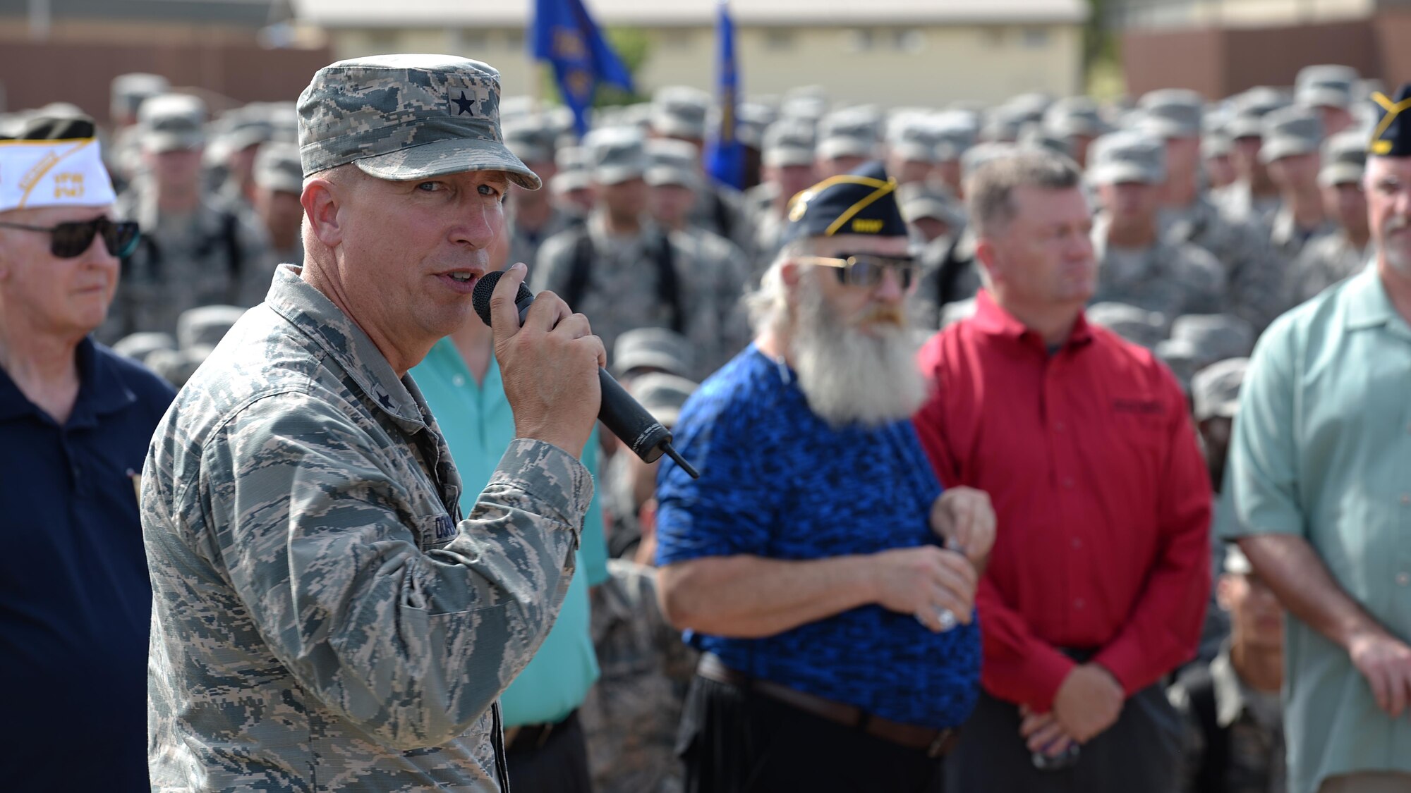 Brig. Gen. Patrick Doherty, 82nd Training Wing commander, talks to everyone who attended the POW MIA parade at Sheppard Air Force Base, Texas, about the significance of military service and an extended thank you to the veterans who previously served, Sept. 9, 2016. More than 83,000 Americans remain missing from WWII, the Korean War, the Cold War, the Gulf Wars and other conflicts. Of those missing, 41,000 of the missing are presumed lost at sea. (U.S. Air Force photo by Senior Airman Kyle E. Gese)