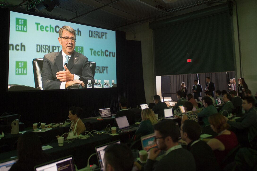 Event attendees watch Defense Secretary Ash Carter speak during the TechCrunch Disrupt innovation and technology conference in San Francisco, Sept. 13, 2016. DoD photo by Army Sgt. Amber I. Smith