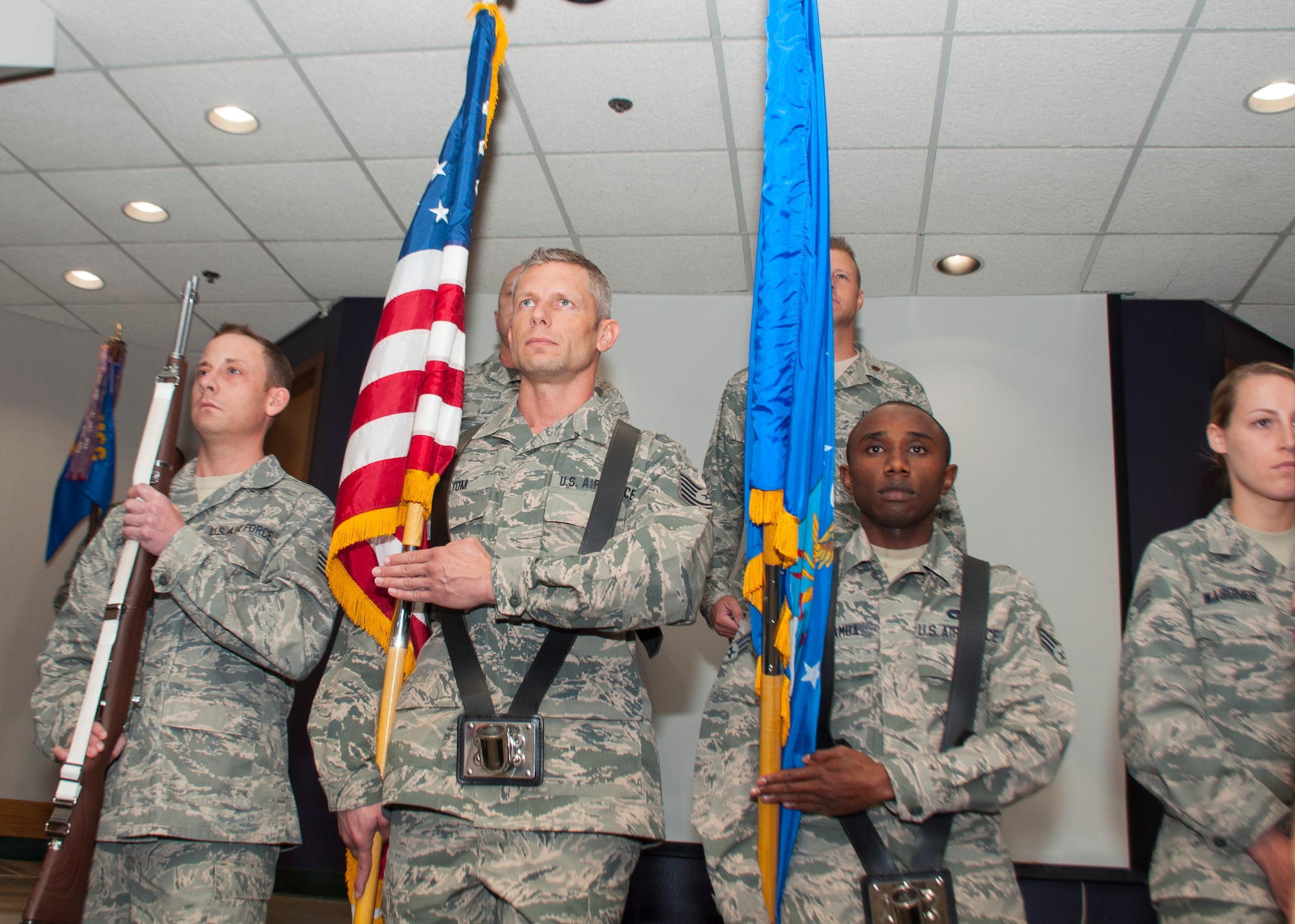 Members of the 507th Air Refueling Wing Honor Guard post the colors during the assumpion of command ceremony for Maj. Ricky Martin II, the new 507th Security Forces Squadron commander, Sept. 11, 2016, at Tinker Air Force Base, Oklahoma. Martin has served in various capacities to include: nuclear security, presidential support, antiterrorism, security forces operations, Iraqi Police transition team and contingency operations. Martin has also worked as a Federal Reserve Law Enforcement Officer in Salt Lake, Utah.  Prior to arriving at Tinker, Martin commanded the 99th Security Forces Squadron at Nellis Air Force Base, Nevada, comprised of 350 military and civilian personnel.  (U.S. Air Force photo/Master Sgt. Grady Epperly)
