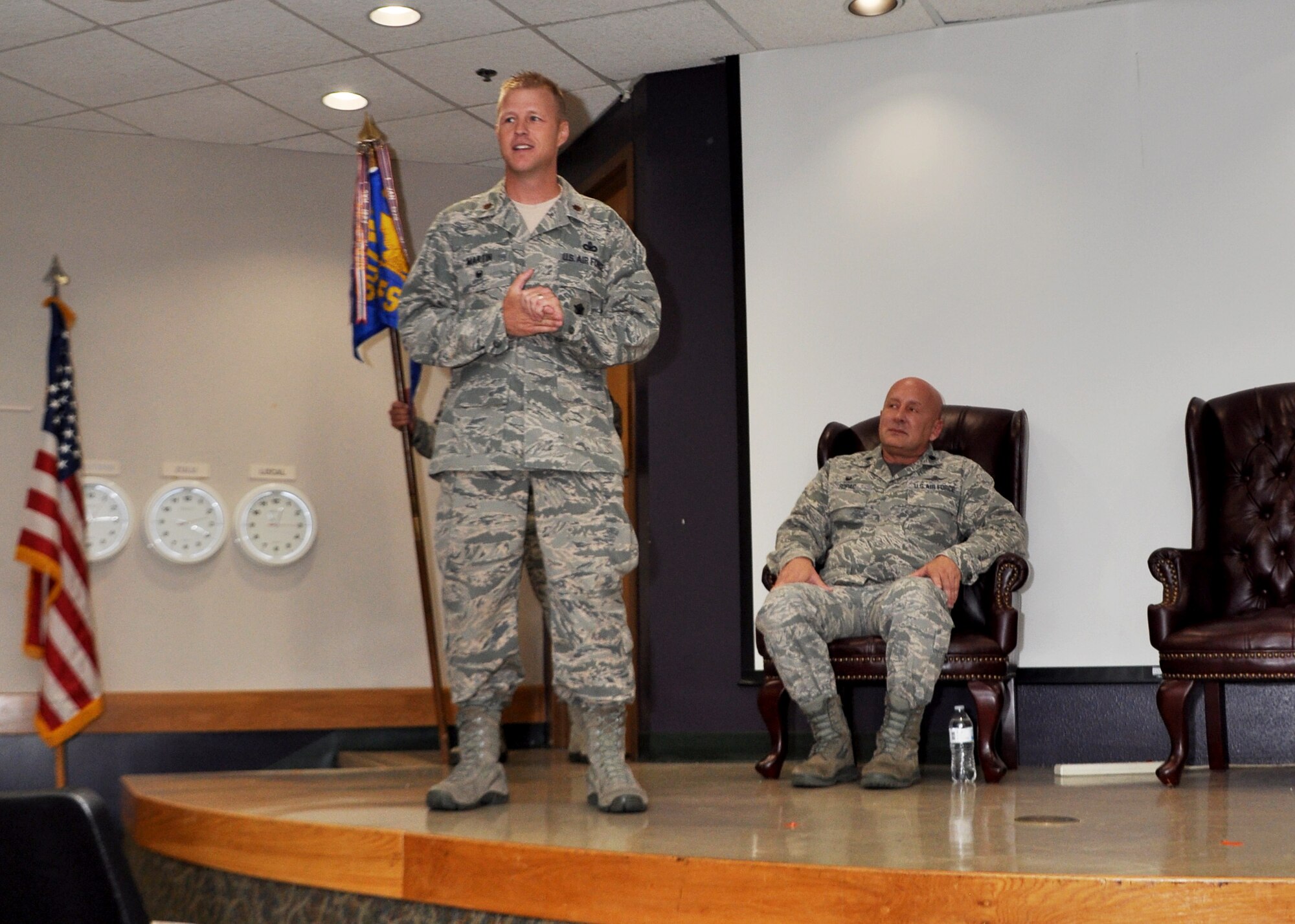 Maj. Ricky Martin II, commander of the 507th Security Forces Squadron, speaks to the audience during his assumption of command ceremony Sept. 11, 2016, at Tinker Air Force Base, Oklahoma. Martin has served in various capacities to include: nuclear security, presidential support, antiterrorism, security forces operations, Iraqi Police transition team and contingency operations. Martin has also worked as a Federal Reserve Law Enforcement Officer in Salt Lake, Utah.  Prior to arriving at Tinker, Martin commanded the 99th Security Forces Squadron at Nellis Air Force Base, Nevada, comprised of 350 military and civilian personnel. (U.S. Air Force photo/Master Sgt. Grady Epperly)