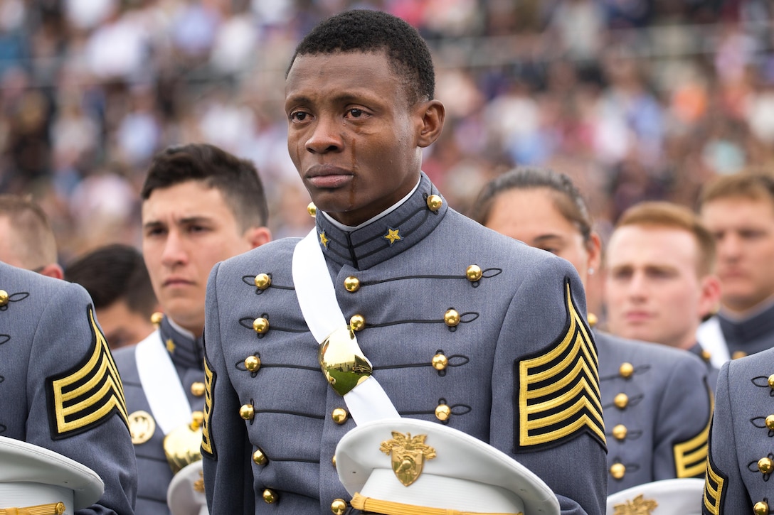 Cadet Alix Idrache sheds tears of joy during the commencement for the U.S. Military Academy’s Class of 2016 at Michie Stadium in West Point, N.Y., May 21, 2016. The 953 graduates included 77 Hispanics, 71 Asian-American/Pacific Islanders, 69 African-Americans and 12 Native Americans. Army photo by Staff Sgt. Vito T. Bryant