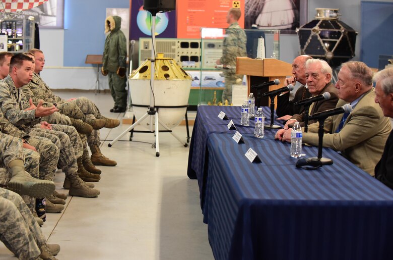 Members of Team Pete absorb advice from a panel of retired generals and a retired chief master sergeant during a mentoring session held at Peterson Air Force Base, Colo., Sept. 9, 2016. Gen. Charles A. Horner, Lt. Gen. Bruce K. Brown, Maj. Gen. G. Wesley Clark and Chief Master Sgt. Charles P. Zimkas, Jr. used their 134 years of combined service and experience to offer advice on leadership, lessons learned and how to succeed in the Air Force. (U.S. Air Force photo by Staff Sgt. Amber Grimm)