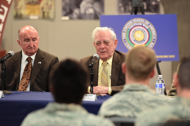 Retired Lt. Gen. Bruce K. Brown answers questions during a mentoring session held for Airmen and civilians at Peterson Air Force Base, Colo., Sept. 9, 2016. Three retired generals and a retired chief master sergeant were present to share their collective 134 years of experience and service with members of Team Pete. (U.S. Air Force photo by Staff Sgt. Amber Grimm)