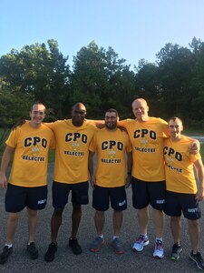 A few of this year's Chief Petty Officer Selects from Joint Base Charleston pose for a picture following a physical training session together. The CPO selects conduct PT and other events leading up to the Chief Pinning Ceremony, in order to build camaraderie and esprit-de-corps. This year's Chief Pinning Ceremony is scheduled for 16 Sept, 2016. 