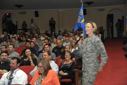 Brig. Gen. Heather L. Pringle, 502nd Air Base Wing and Joint Base San Antonio commander, addresses personnel during commander's call Monday at Joint Base San Antonio-Randolph’s Fleenor Auditorium. As the new 502nd ABW and JBSA commander, Pringle introduced herself to JBSA-Randolph members and discussed topics such as the Combined Federal Campaign and the 2016 unit effectiveness inspection results.
