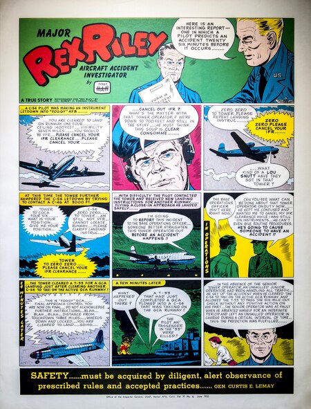Maj. Rex Riley explains a report in which a pilot predicts an accident 26 minutes before it occurs. Artwork originated from the Office of the Inspector General, Norton AFB, Calif., 1952. (U.S. Air Force illustration)