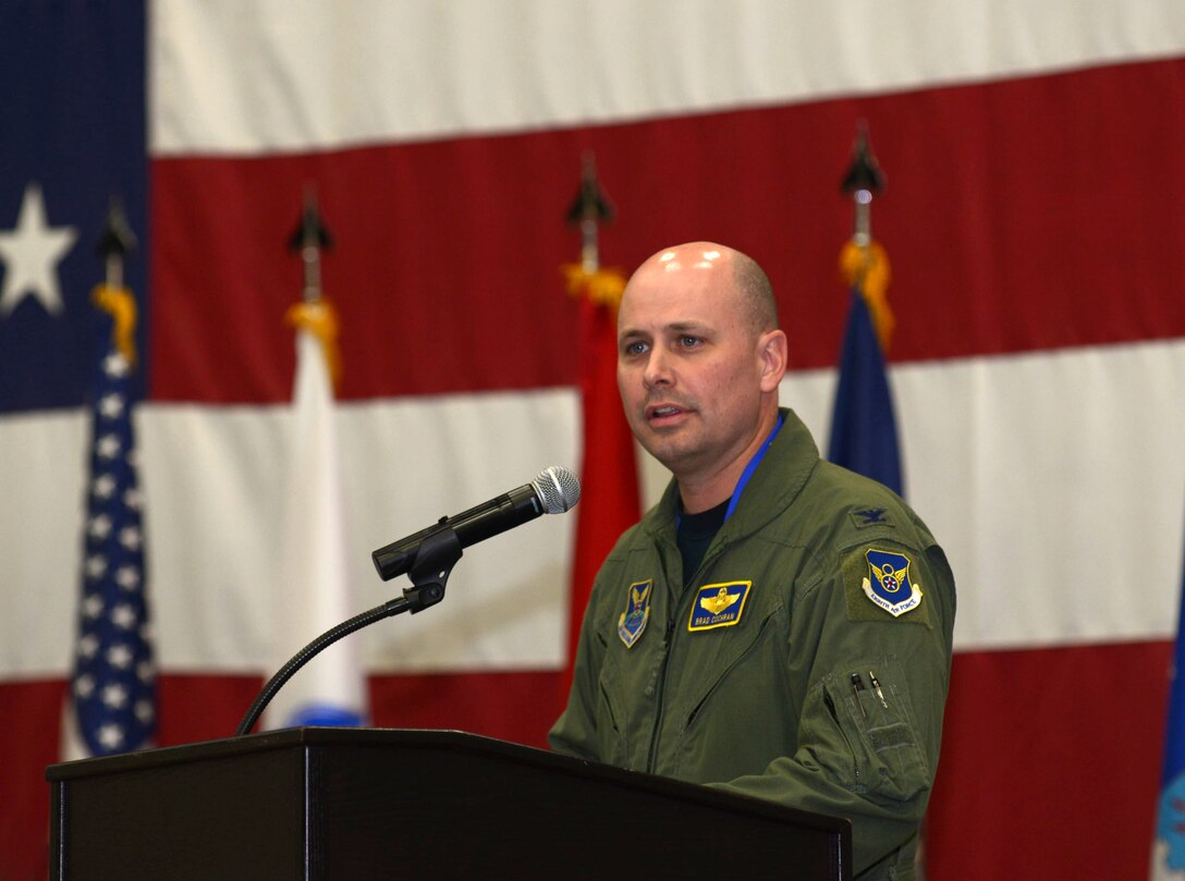 Col. Bradley Cochran, vice commander assigned to the 28th Bomb Wing, speaks at the combat dining out in the Pride Hangar at Ellsworth Air Force Base, S.D., Sept. 9, 2016. Cochran addressed those in attendance to conclude the evening’s events which included an official dinner, toasts made in honor of various U.S. leaders and a Prisoner of War/Missing in Action remembrance ceremony. (U.S. Air Force photo by Airman 1st Class Donald C. Knechtel)