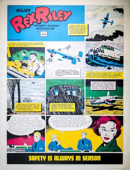 Maj. Rex Riley explains how pilot judgment, partial radio failure, lack of training and poor communication led to a decision to crash land. Artwork originated from the Office of the Inspector General, Norton AFB, Calif., 1952. (U.S. Air Force illustration)