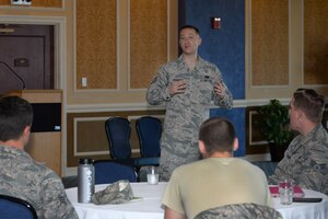 U.S. Air Force Tech. Sgt. Dustin, 10th Intelligence Squadron section chief, leads Joint Base Langley-Eustis’ first ever NCO  transition course at Joint Base Langley-Eustis, Va., Sept, 8, 2016. The course provides in-depth leadership guidance for those selected for promotion to staff sergeant. (U.S. Air Force photo by Staff Sgt. Teresa J. Cleveland)