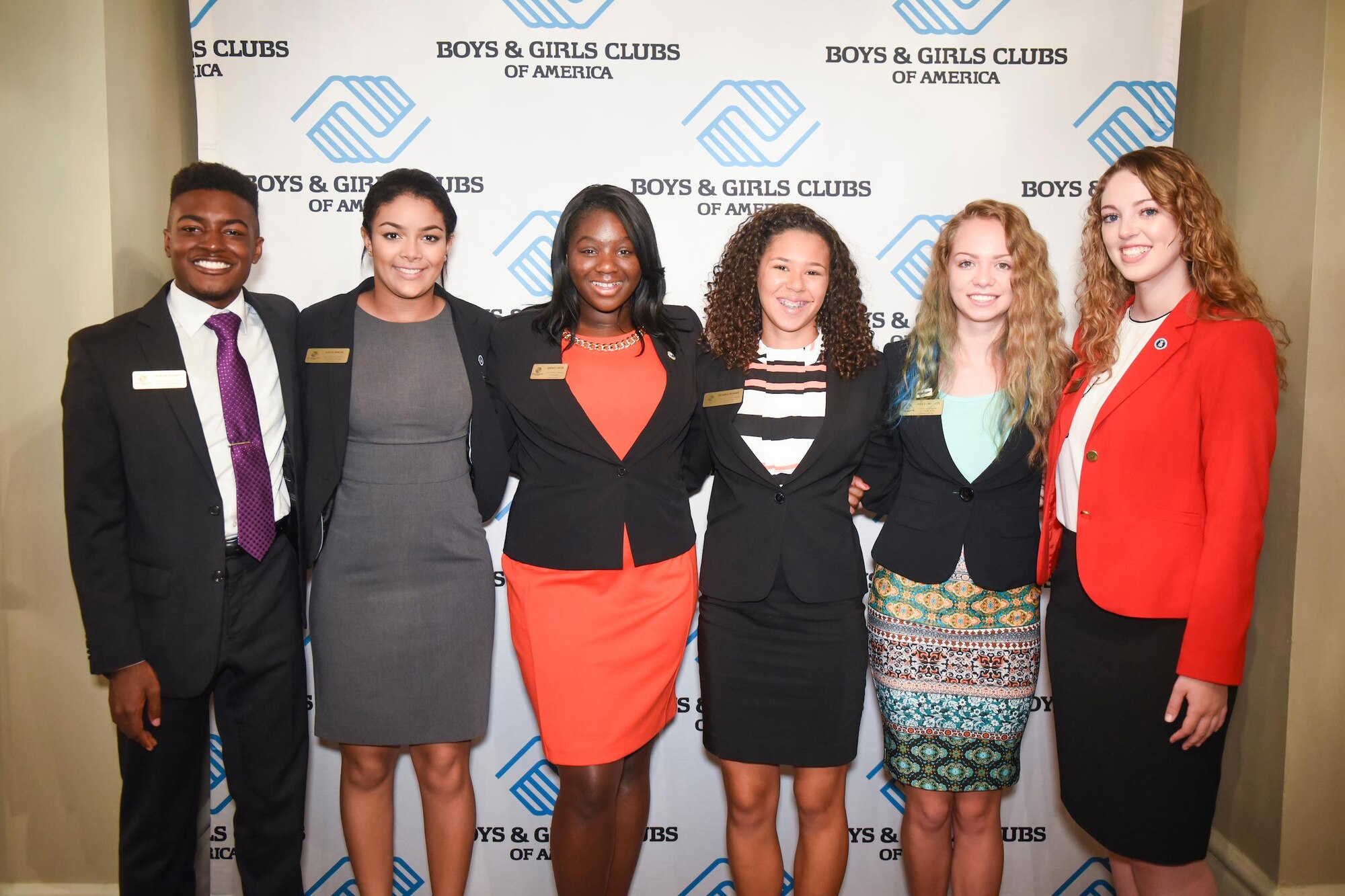 Representing military youth, from left to right, Dorian Holnes of Joint Base Charleston, Kayla Jenkins of Scott Air Force Base, Essence Carter of Fort Riley, Arianna Skinner of Joint Base McGuire-Dix-Lakehurst, Ashley McCarty of Hill Air Force Base and Elizabeth Jacobson of Ramstein Air Base, competed in the 2016 Boys & Girls Clubs of America, National Military Youth of the Year Celebration in Washington D.C, Sept. 9, 2016. (Courtesy photo by Kevin Wolf/AP Images for Boys & Girls Clubs of America)