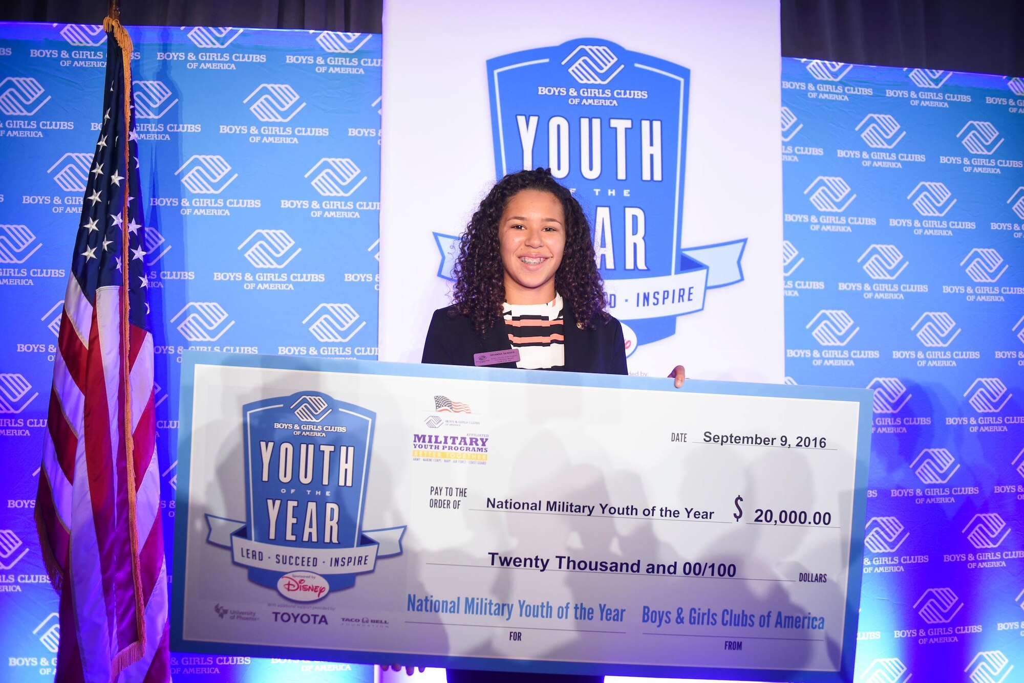 Arianna Skinner, from Joint Base McGuire-Dix-Lakehurst, New Jersey, was selected as the 2016 Boys & Girls Clubs of America, National Military Youth of the Year in a ceremony held in Washington D.C, Sept. 9, 2016. (Courtesy photo by Kevin Wolf/AP Images for Boys & Girls Clubs of America)