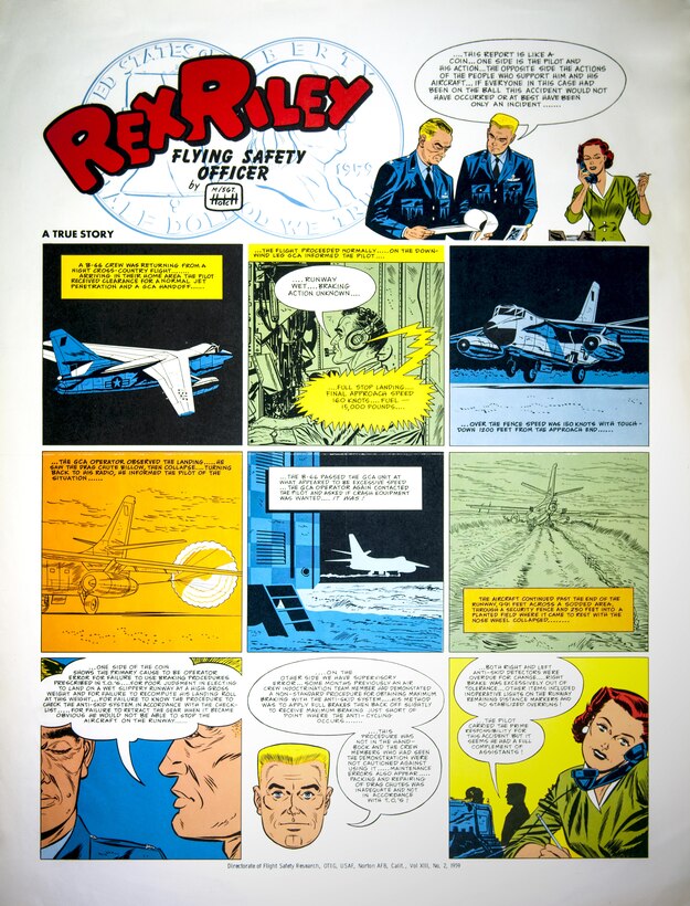 Lt. Col. Rex Riley describes how poor braking procedures of the pilot, improper supervision and maintenance errors led to the aircraft continuing past the end of the runway. Artwork originated from the Directorate of Flight Safety Research, Norton AFB, Calif., 1959. (U.S. Air Force illustration)