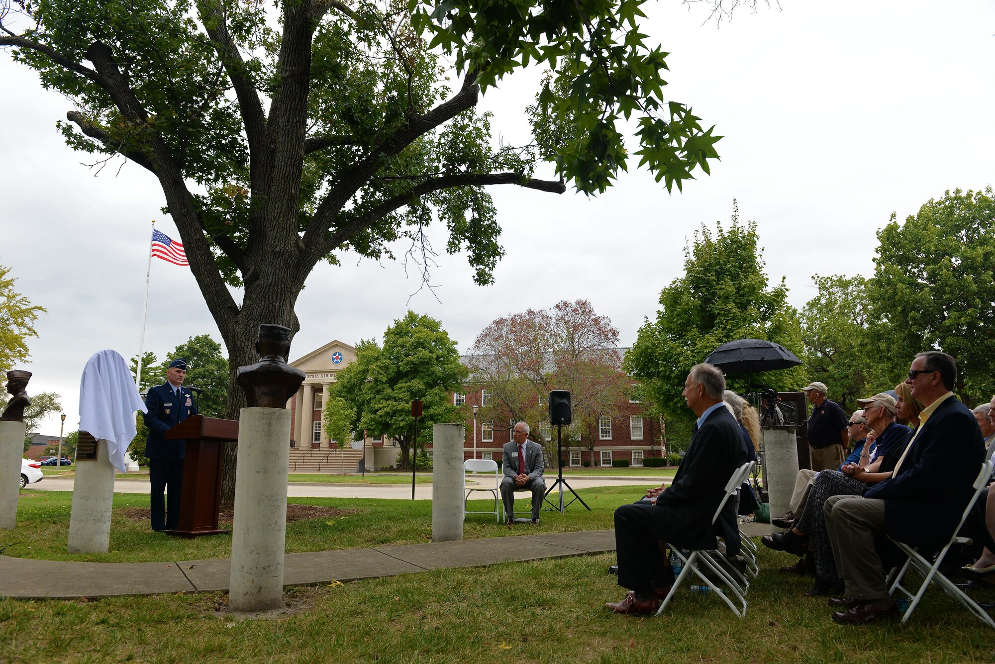 A ceremony in the Mobility Memorial Park at Scott Air Force Base, Illinois, Sept. 8, 2016 takes place to honor six C-17A “Pathfinder Loadmasters.” The honorees were a vital part of ensuring that the one-loadmaster aircrew concept became a reality on the C-17A. This loadmaster group led the way to design improvements and advancement to America’s airlift capability and set a benchmark for air mobility aircraft for years to come. (U.S. Air Force photo by Senior Airman Erica Fowler)