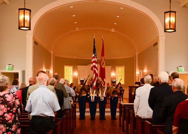 The U.S. Marine Corps Paris Island Color Guard presents the colors during a rededication ceremony September 13, 2016 at the Eternal Father of the Sea Chapel located in Riverfront Park, Charleston, South Carolina. The Eternal Father of the Sea Chapel, also known as building 1179, was erected in 1942 as a temporary chapel to serve the growing population of the Charleston Naval base during World War II.