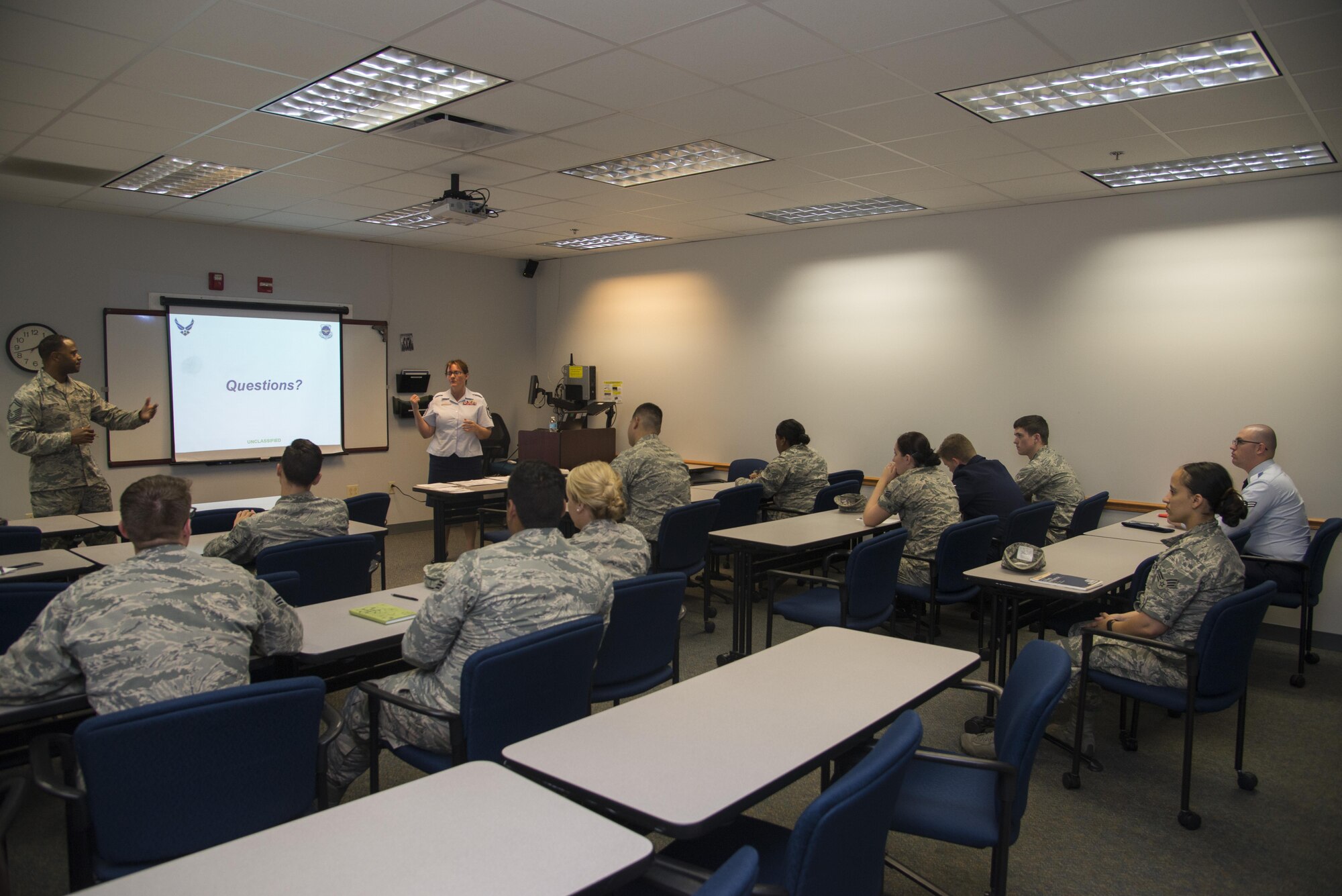 Facilitators teach a class on bullet writing and its importance in Airmen’s careers. Throughout the day Airmen had a choice of classes on professional or personal development September 1, 2016 at Scott Air Force Base, Illinois. Classes offered were on the importance of stripes for what to expect when transitioning to be an NCO or what to expect when serving while starting a family. (U.S. Air Force photo by Airman 1st Class Gwendalyn Smith)