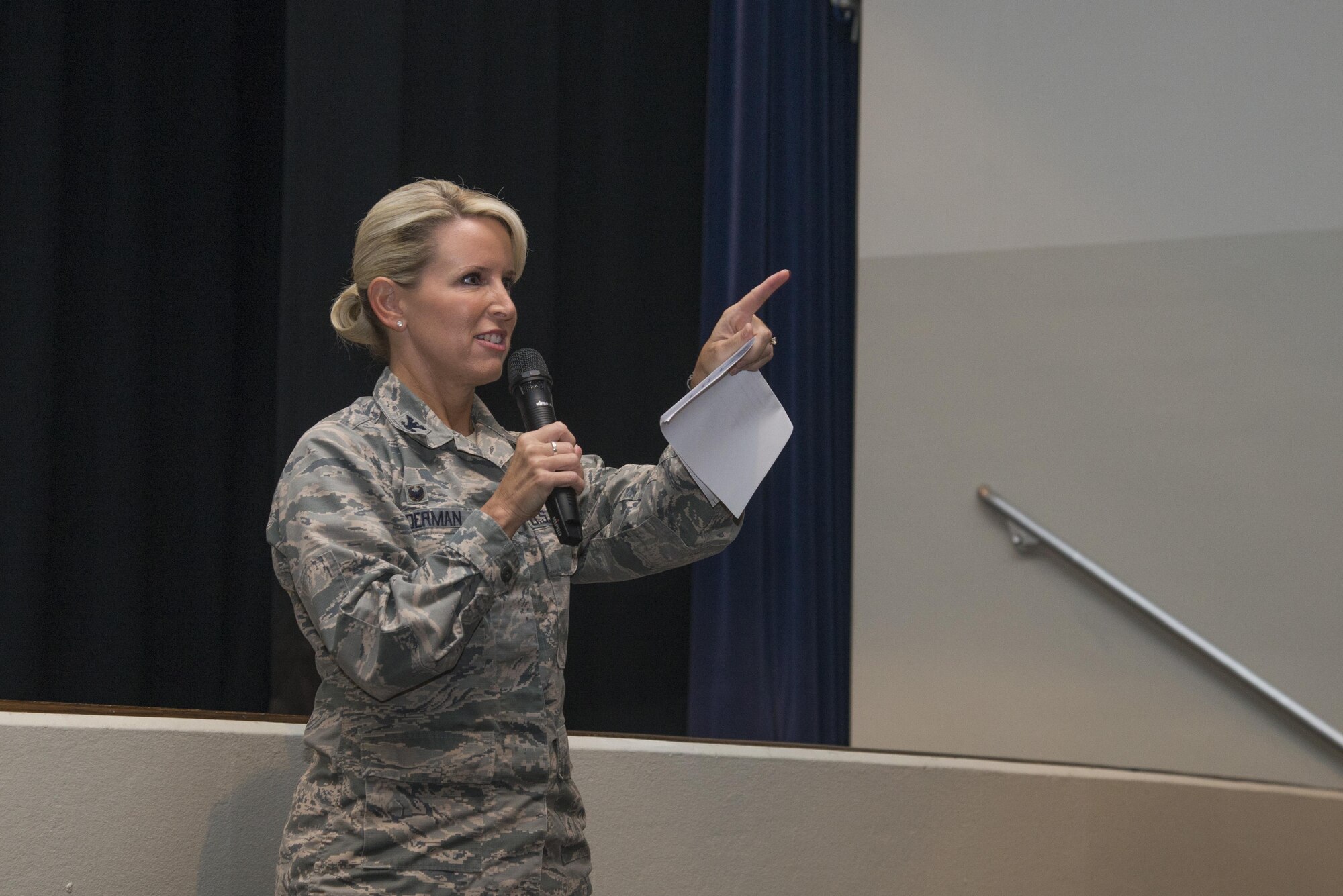 Col. Laura Lenderman, 375th Air Mobility Wing Commander, spoke during the opening ceremony of the First Term Airman Leadership Conference August 31, 2016 at Scott Air Force Base, Illinois. The First Four council FALCON committee coordinates, plans, and gathers diverse facilitators throughout Team Scott to provide many perspectives and experience to the Airmen. (U.S. Air Force photo by Airman 1st Class Gwendalyn Smith)