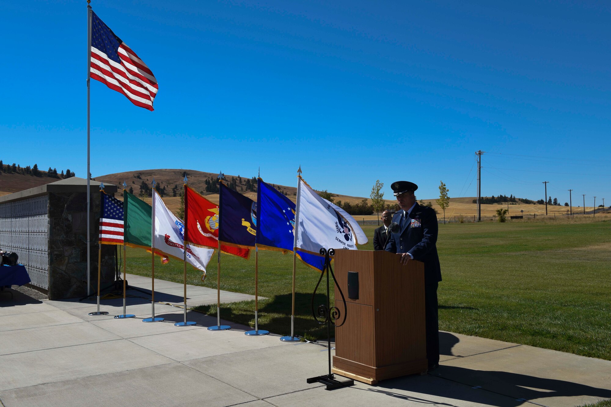 Col. Matthew Fritz, 92nd Air Refueling Wing vice commander, speaks at the Missing in America Interment Service Sept. 13, 2016, at Washington State Cemetery at Medical Lake, Washington. The remains of approximately 62 veterans were interred. (U.S. Air Force photo/Senior Airman Nick J. Daniello)