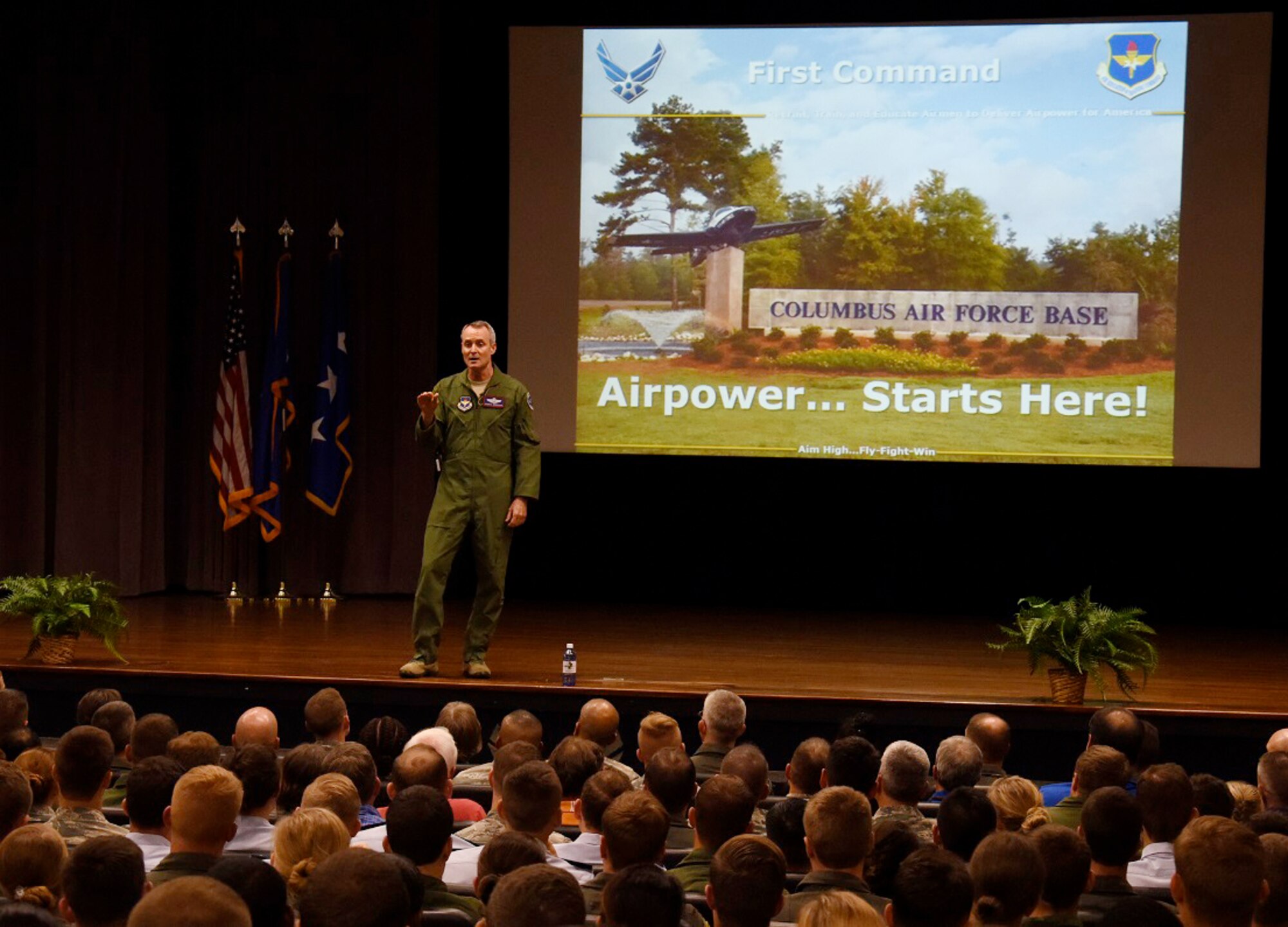 Lt. Gen. Darryl Roberson, commander of Air Education and Training Command, speaks to members of Team BLAZE during an all-call Sept. 12, 2016, at Columbus Air Force Base, Mississippi. Roberson highlighted future changes for AETC Airmen and shared his thoughts on airpower and airmanship, as well as gave attendees background information about himself as a commander and his family. (U.S. Air Force photo by Elizabeth Owens)