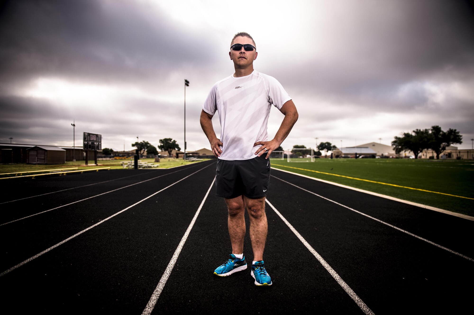 Senior Master Sgt. Joshua Allen, 27th Special Operations Wing Inspector General superintendent, stands on the track Sept. 6, 2016 at Cannon Air Force Base, N.M. Allen is scheduled to represent Air Force Special Operations Command in the Air Force Marathon at Wright-Patterson Air Force Base, Ohio., Sept. 17, 2016. (U.S. Air Force Photo/Tech. Sgt. Manny Martinez)